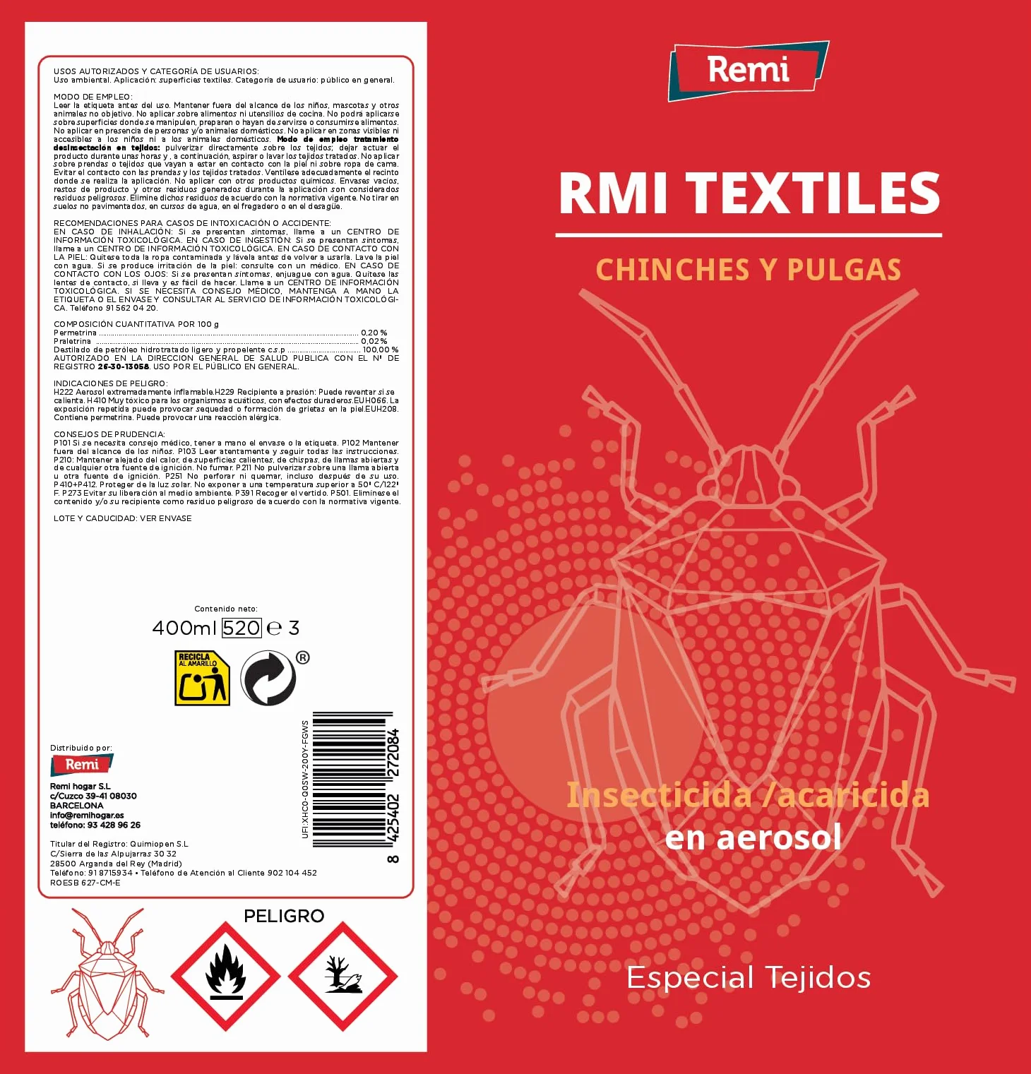 Remi Hogar Spray Anti Chinches y Pulgas Insecticida Aerosol Repelente Especial Tejidos
