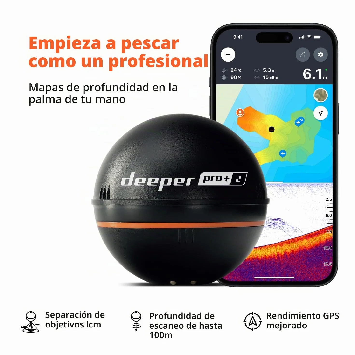Deeper Pro+ 2 Sonda de Pesca 100m Detector Radar Peces Portátil WiFi GPS