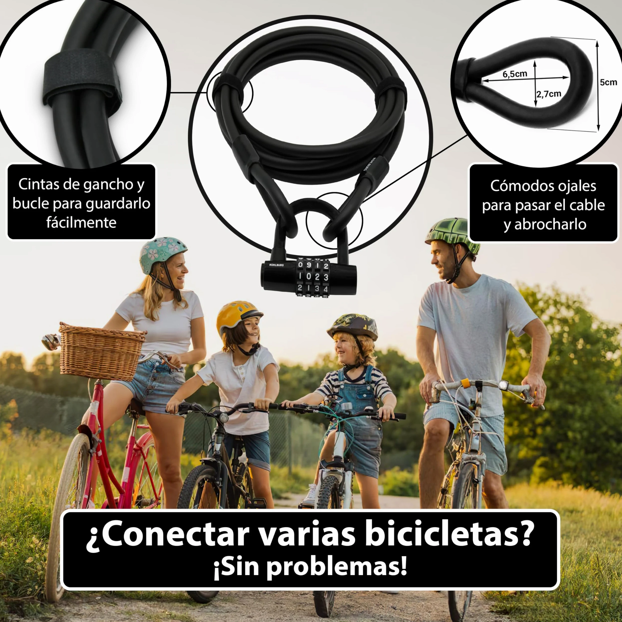 KOHLBURG Candado de cable con combinación 500cm candado bicicleta antirrobo | Candado combinacion 5 metros | Cable de acero con cintas de gancho y bucle | Antirrobo para bici, muebles de jardín, remolque