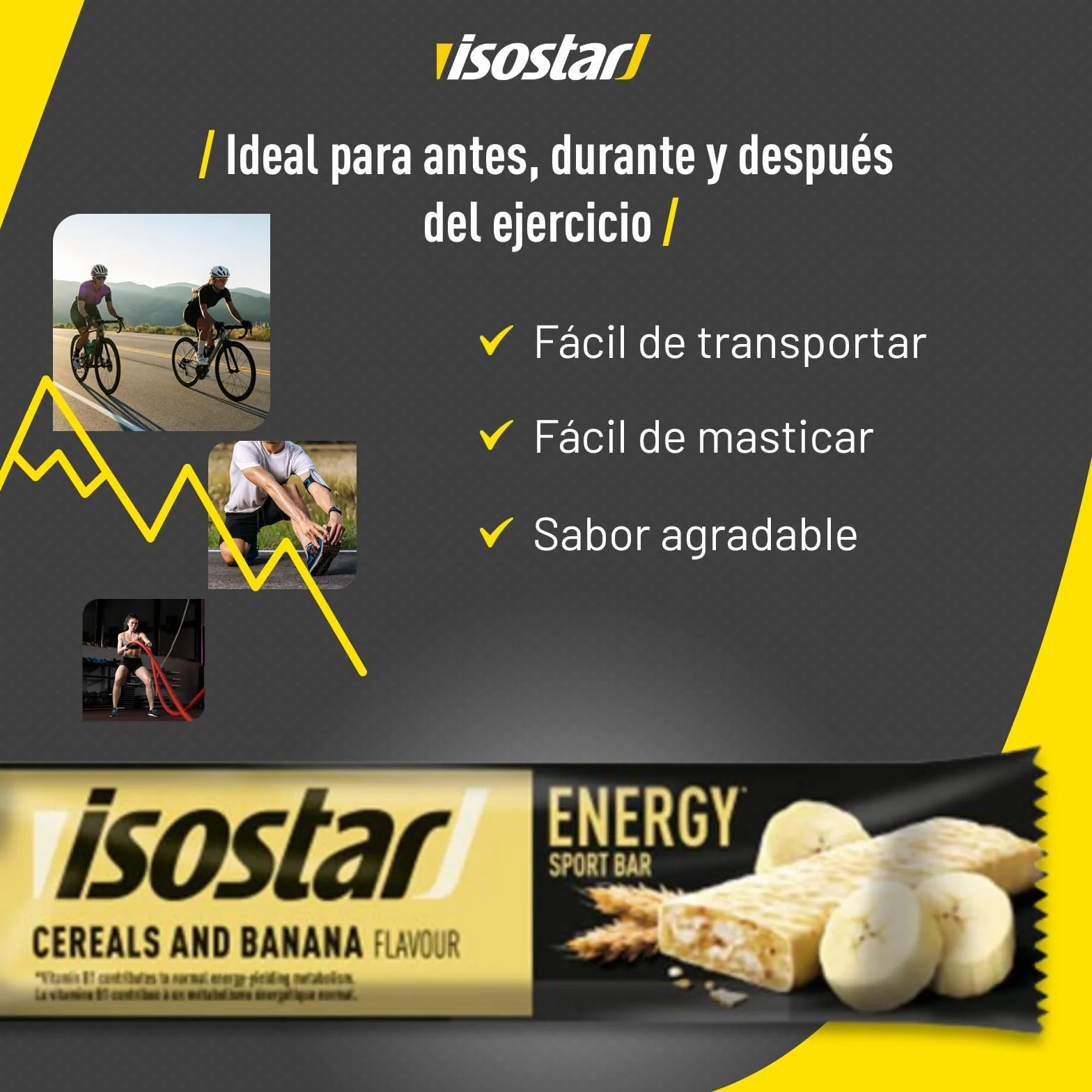 Isostar Barritas Energy Sport con Niacina Vitaminas B1 B2 C E B6 Sabor Banana 3x40gr