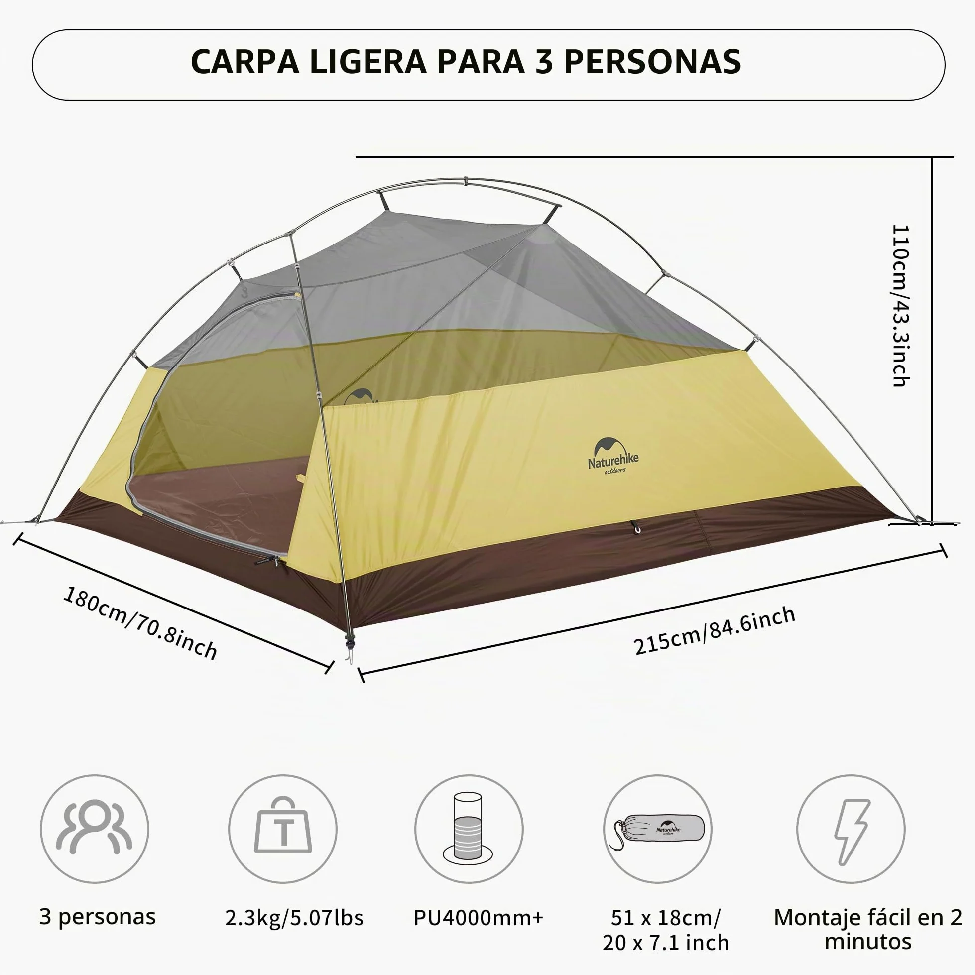 Naturehike Cloud-Up 3 - Tienda de campaña profesional ultraligera para 3 personas, mochileros, senderismo, camping, ciclismo