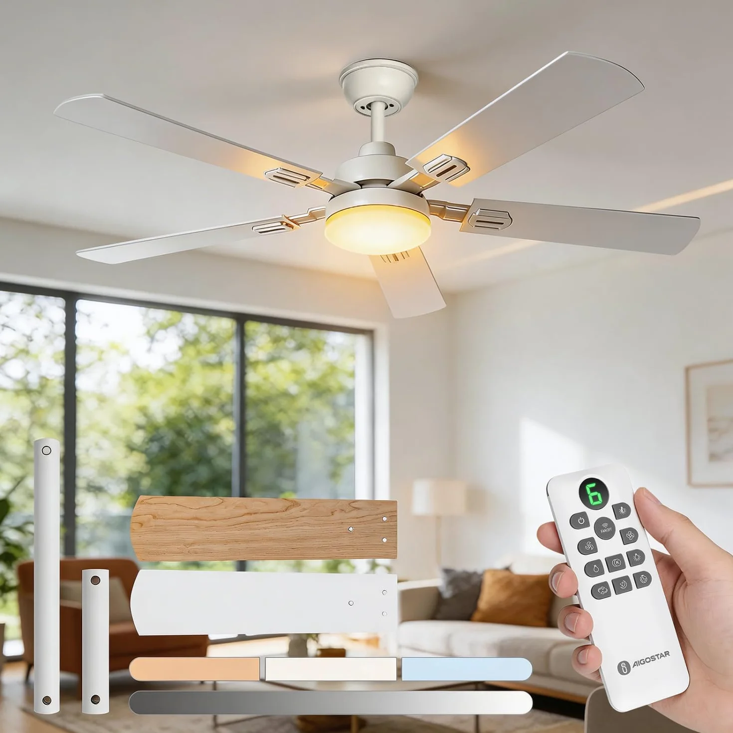 Aigostar Ventilador de Techo con Luz Silencioso 52″ 33W Regulable 3000K/4000K/6000K Mando a Distancia