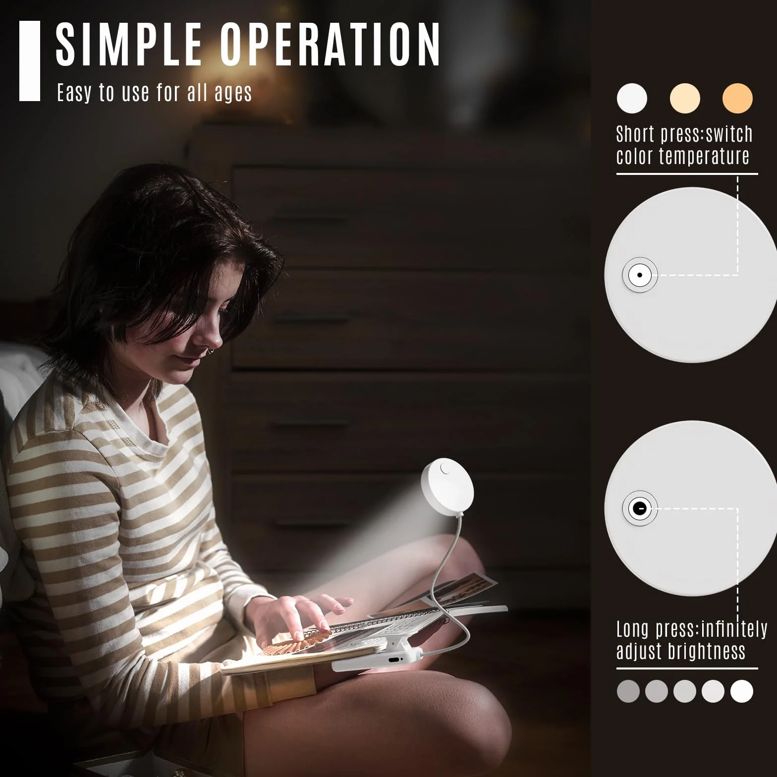 LQWELL 31 LED Luz de Lectura Recargable USB, 3 Temperaturas de Color, Atenuación Continua, Ángulo Flexible 360° Blanco