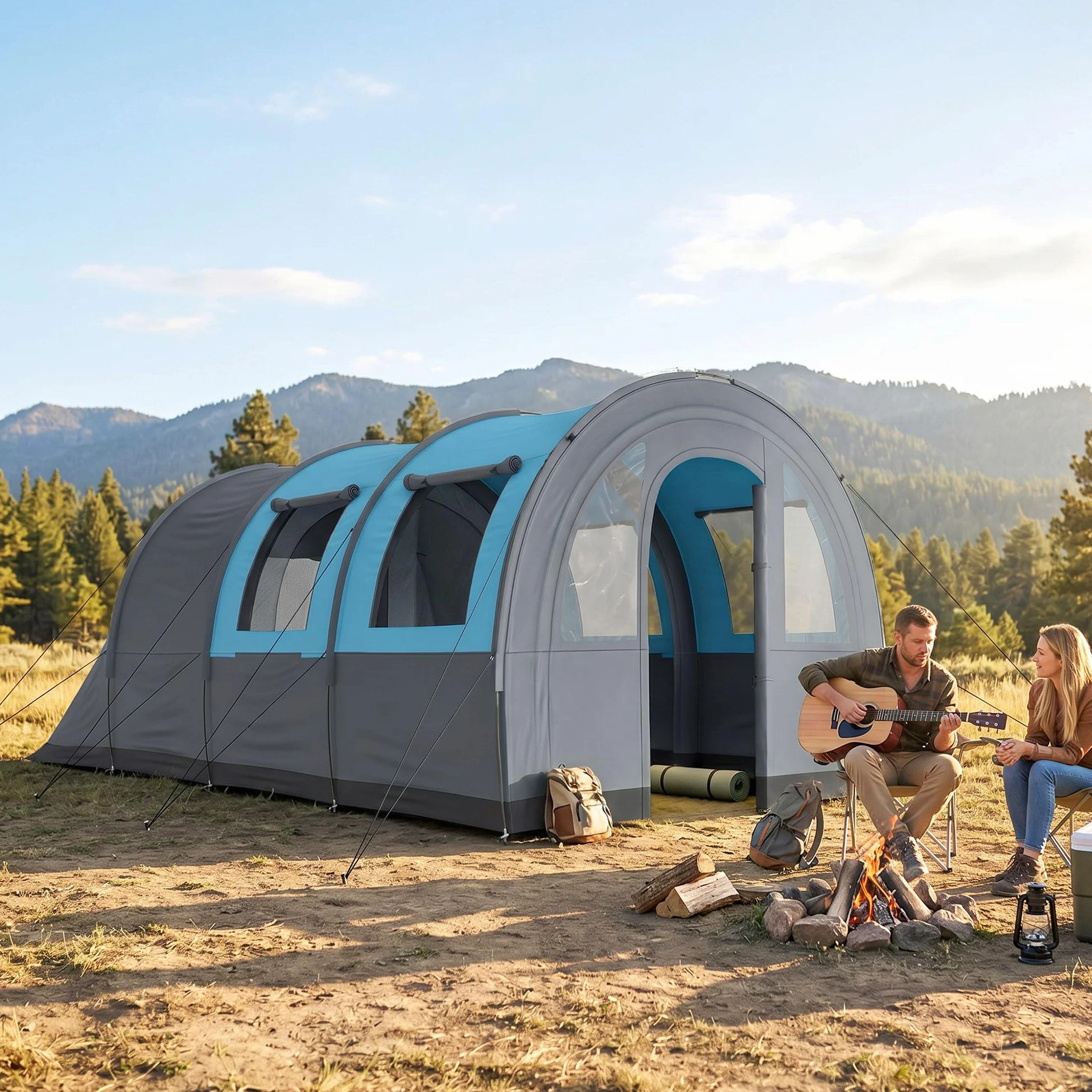 Outsunny Tienda de Campaña Familiar para 3 Personas Tienda de Camping Plegable Impermeable 3000 mm con 2 Habitaciones Puertas y Bolsa de Transporte para Senderismo 480x260x200 cm Gris