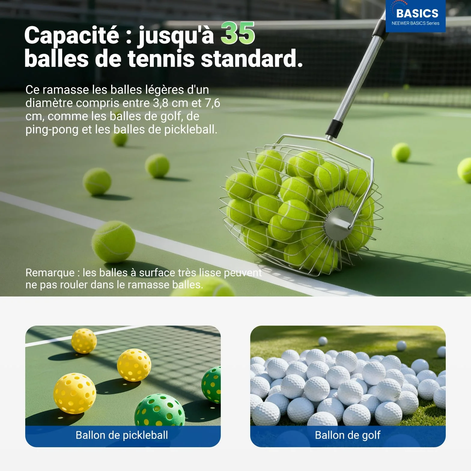NEEWER Basics TB05S - Recolector de Pelotas de Tenis, no más agacharse, recogedor Ovalado de 80 – 144 cm, recogedor telescópico para hasta 35 Pelotas de Tenis