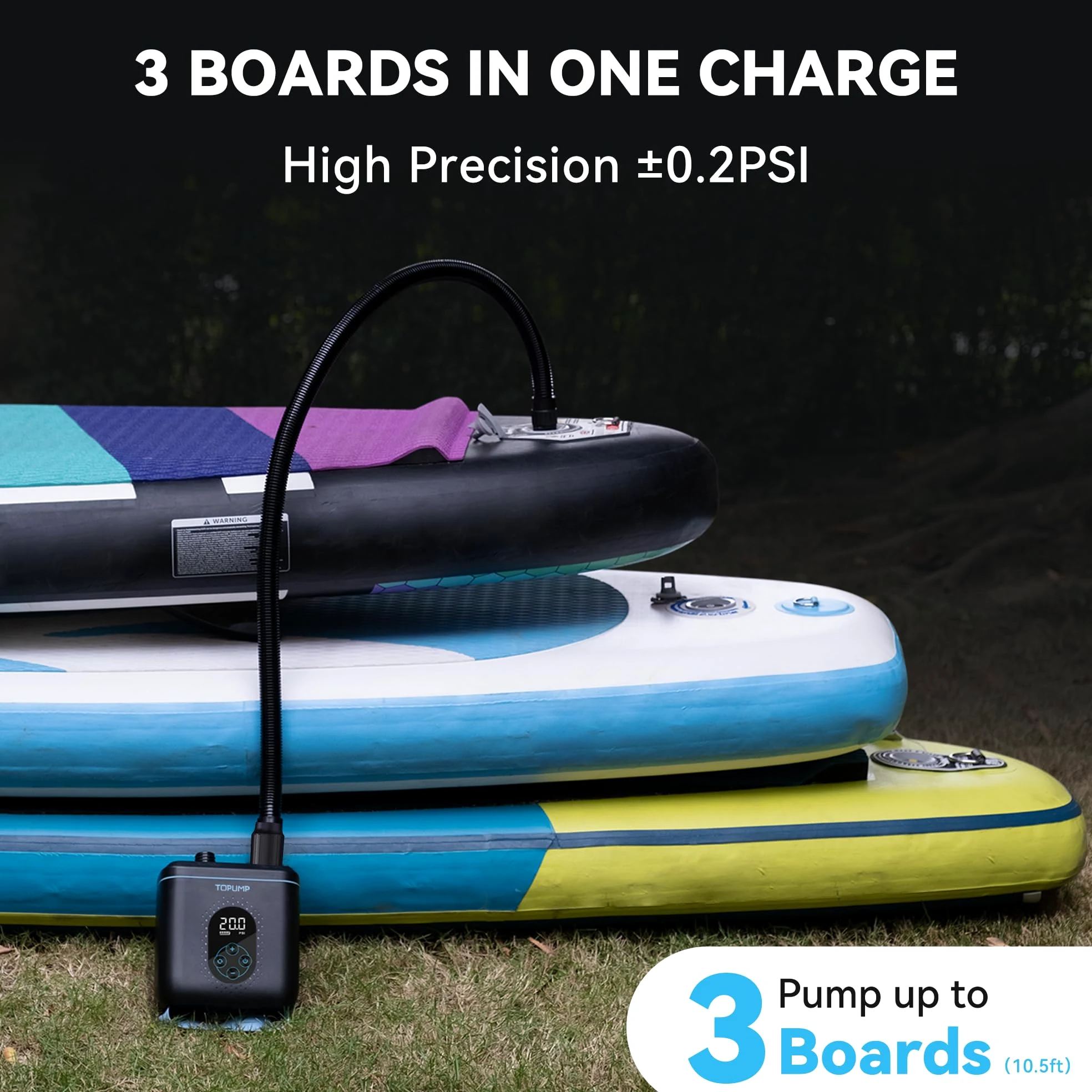 TOPUMP Bomba eléctrica para tabla de remo TPS260-20PSI, bomba de aire portátil recargable SUP, inflado y desinflado de doble etapa, apagado automático para tablas de remo, barcos, kayaks y tienda de