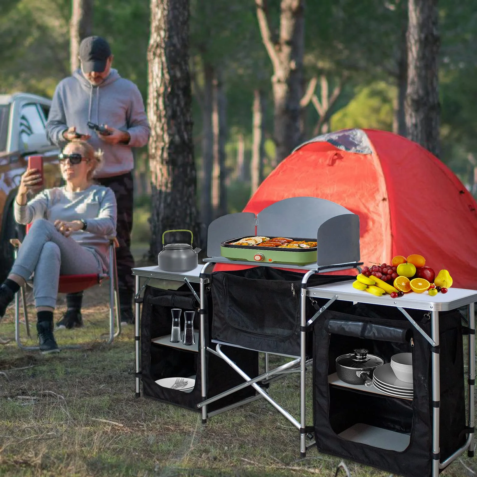 Cocina de camping plegable con protección contra el viento, armario de camping con bolsa de transporte, aluminio para exteriores, camping, cocina, armario de tienda de campaña, caja de cocina