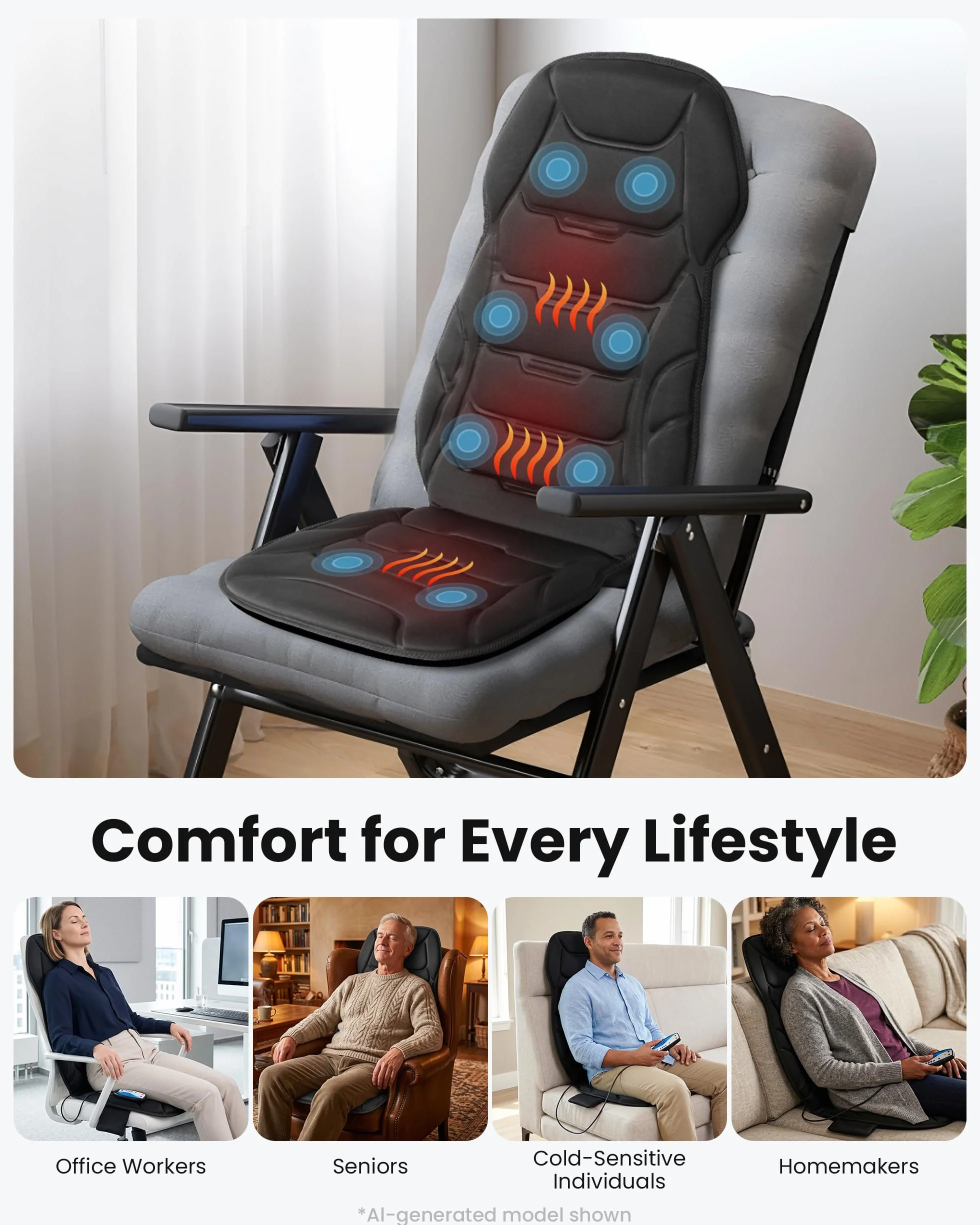 COMFIER Funda de Asiento con Masaje y Calor, Cojín de Masaje para Espalda y Cuello, Masajeador para Oficina en Casa