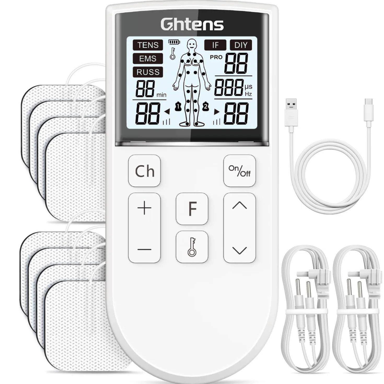 GHTENS Electroestimulador Muscular 5 en 1 Recargable 80 Modos TENS/EMS/RUSS/IF/DIY Masaje 2 Canales 16 Intensidades Alivio Dolor Blanco