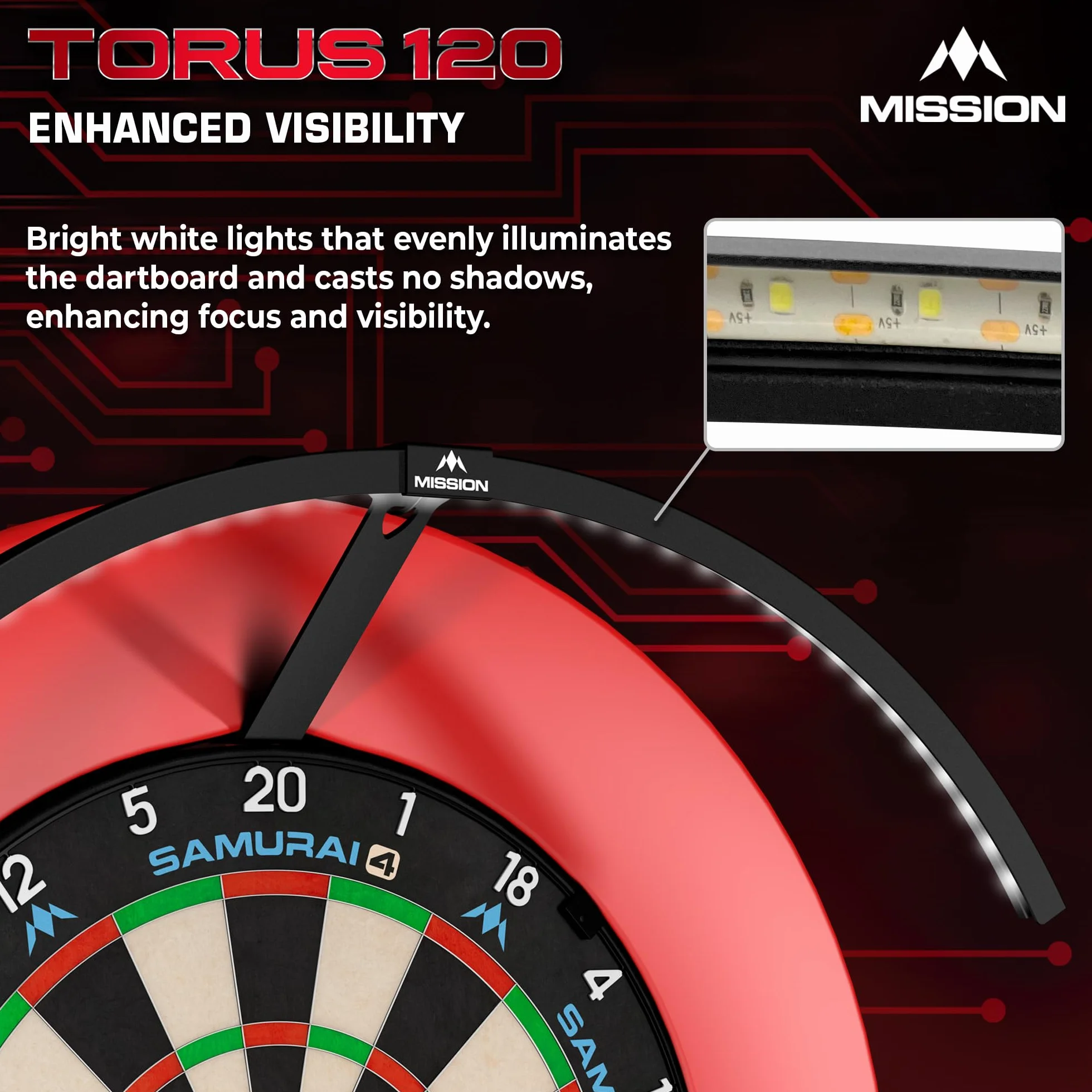 Mission Darts | Torus 120° | LED blanco brillante | Sistema de iluminación de tablero de dardos | Portátil | USB C.