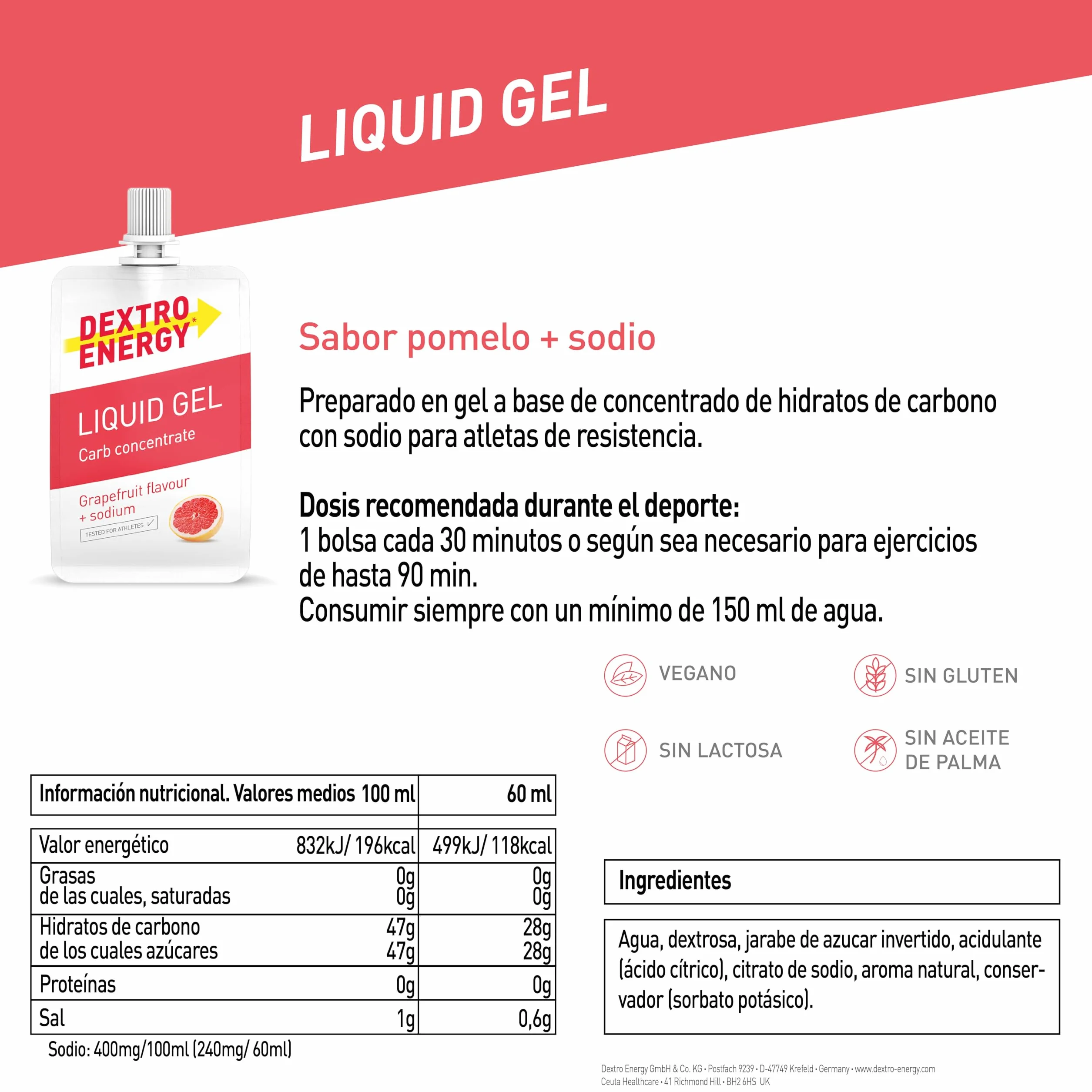Dextro Energy Liquid Gel Pomelo + Sodio 18x60 ml High Carb Energy Gel 240 mg Sodio