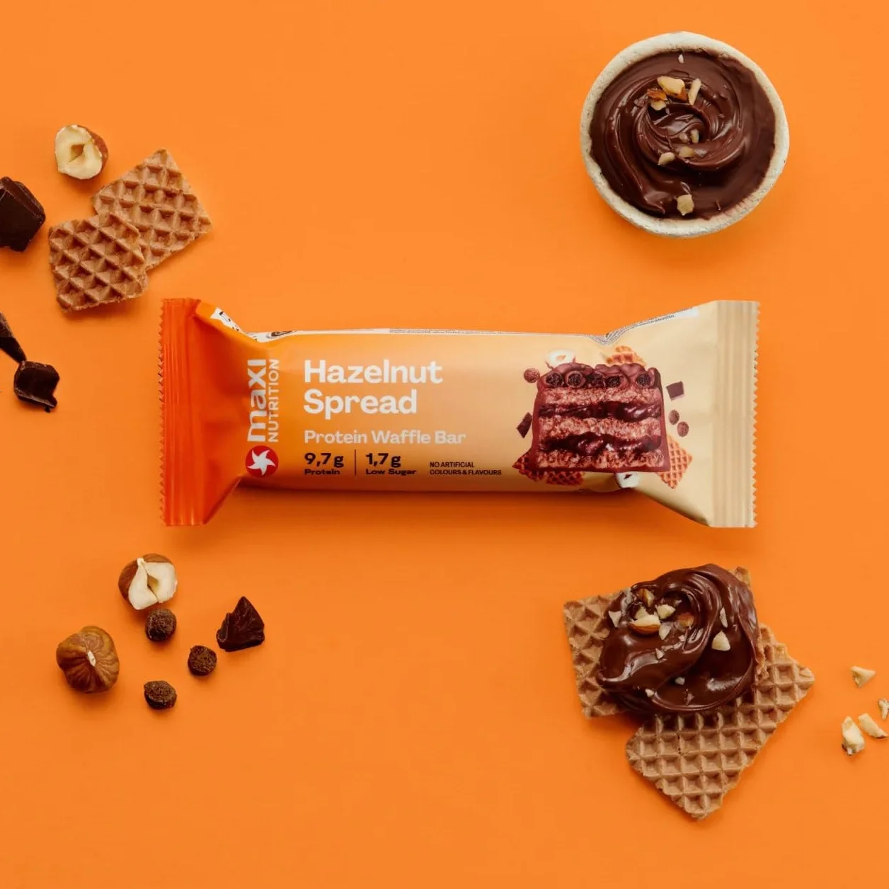 MaxiNutrition Hazelnut Spread Gofre de proteínas 25% proteínas 202 kcal 12 barras 39 g sin azúcar añadido
