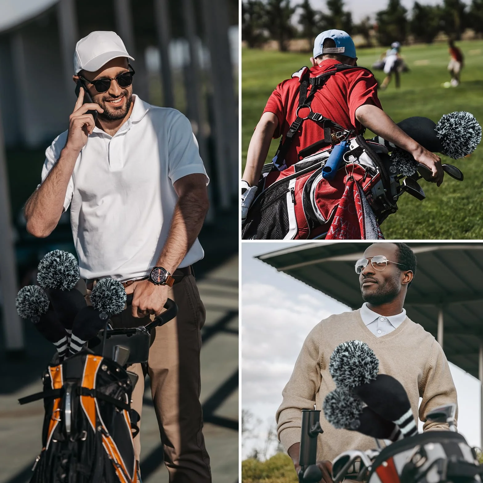 Fundas para Cabeza de Golf con Pompones Juego de 3 o 4 para Madera 1, 3, 5, Híbrido