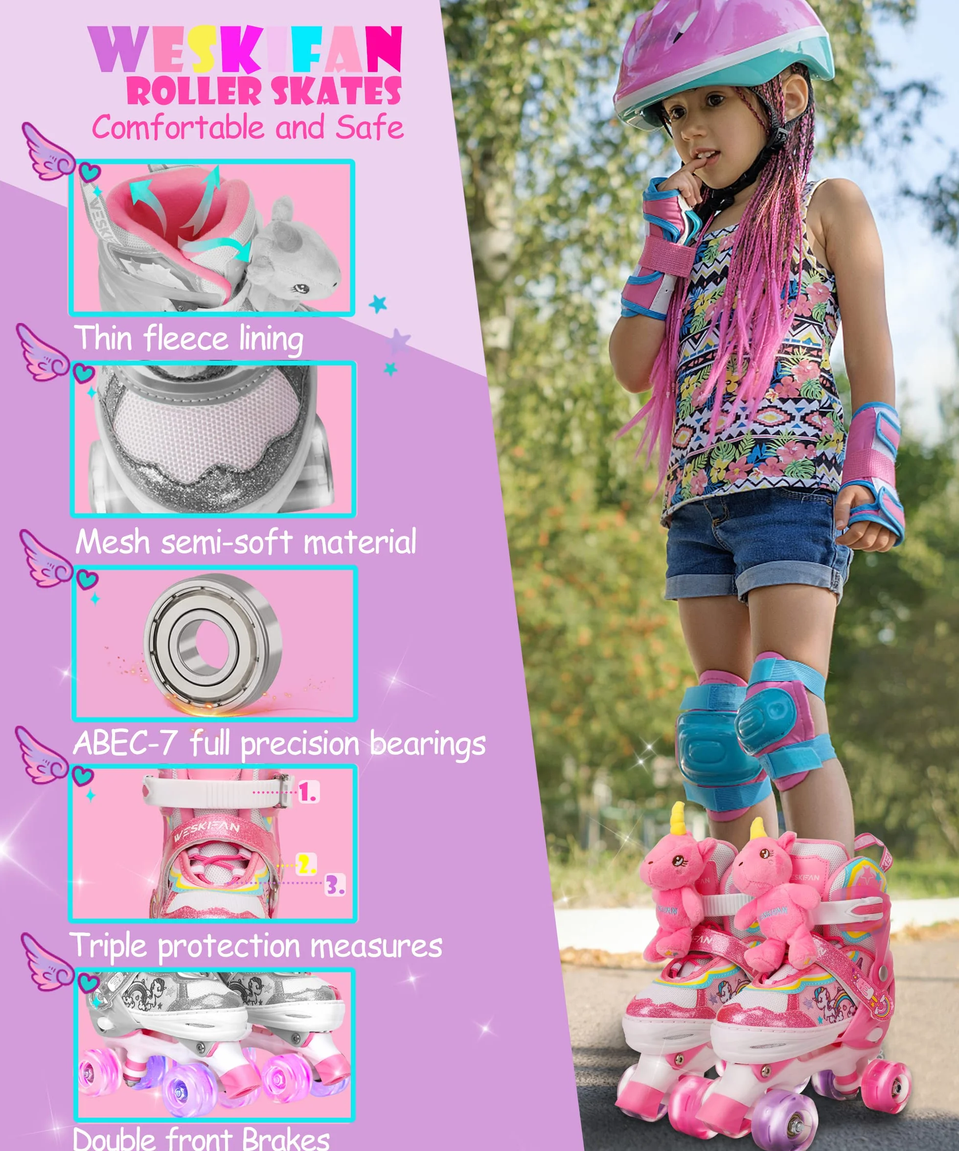 Patines Unicornio Ajustables 4 Tamaños con Ruedas Iluminadas para Niñas Principiantes