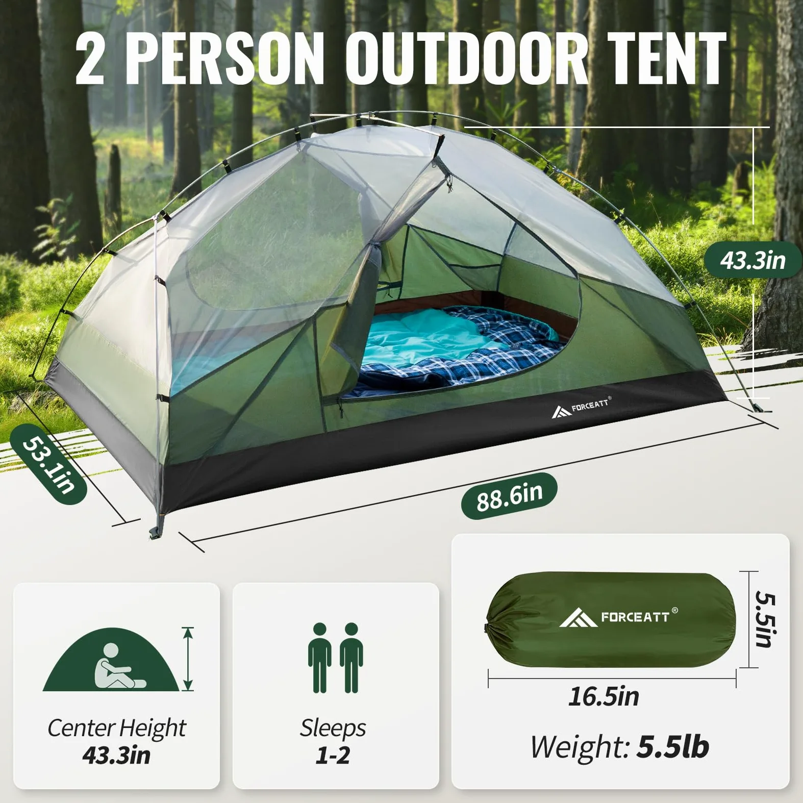 Forceatt La Tienda de campaña para 2 y 3 Personas es Impermeable y Resistente al Viento, Tienda de campaña para 3 a 4 Estaciones, Tienda de campaña Ligera de Aluminio Que se Puede Montar rápidamente