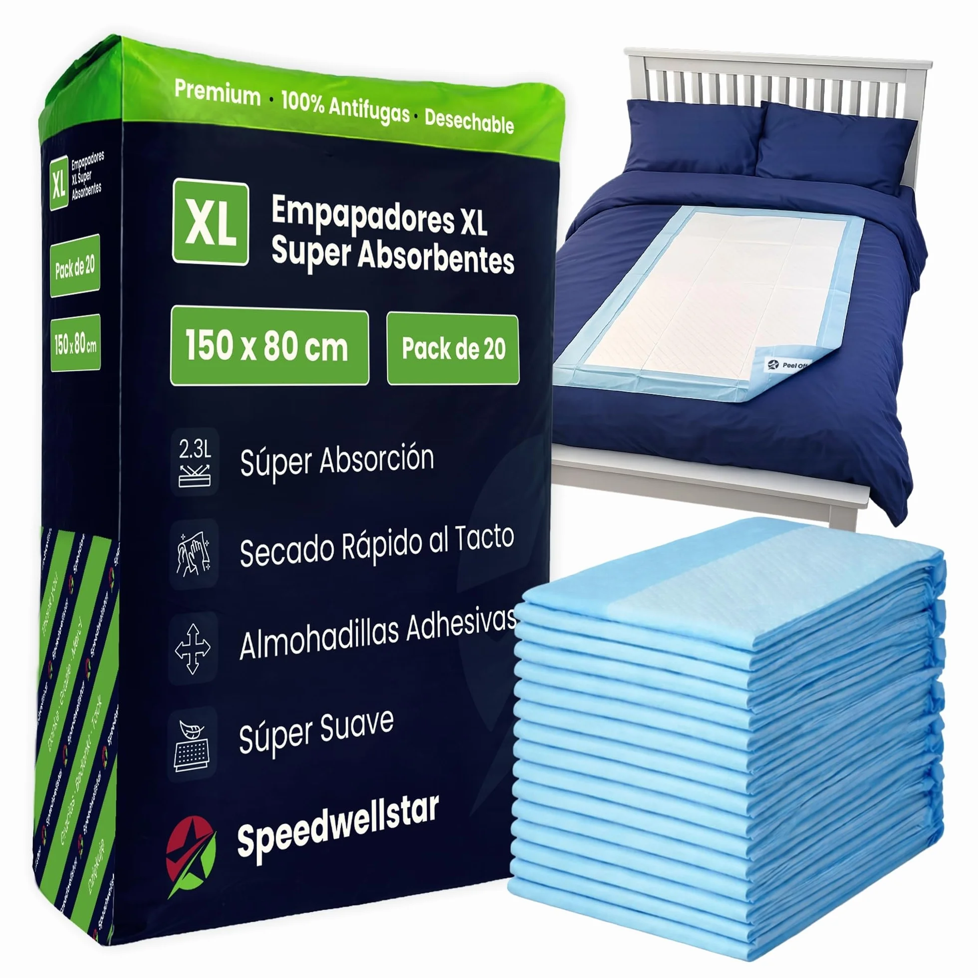 Almohadillas para Cama de Incontinencia Desechables Extra Grandes 150 x 80 cm Pack 20 Súper Absorbentes 2300 ml Protector Impermeable