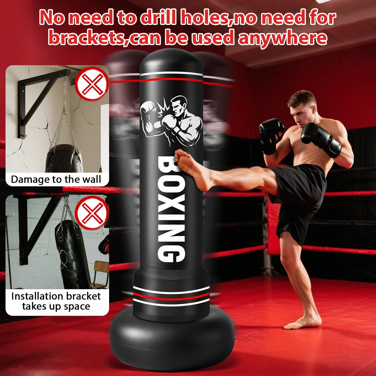 Saco de Boxeo Adultos, 190cm Sacos de Boxeo de Pie on Guantes y Bomba de Aire, Punching Ball Inflable Entrenamiento para Karate, Kickboxing, PVC Fitness Boxeo Regalo Ideal