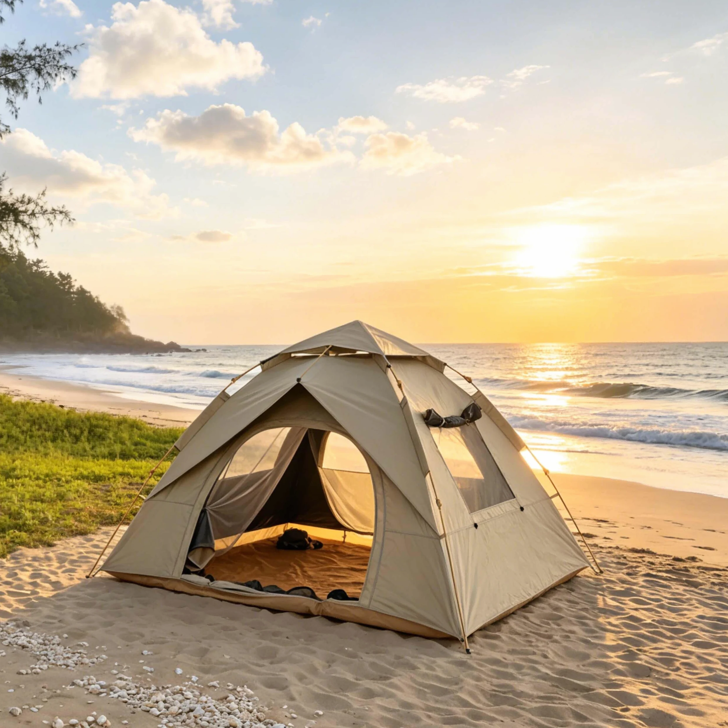 Relaxdays Tienda para 3-4 Personas, Montaje rápido y automático, Beige | protección UV, mosquitera, 145×200×220 cm