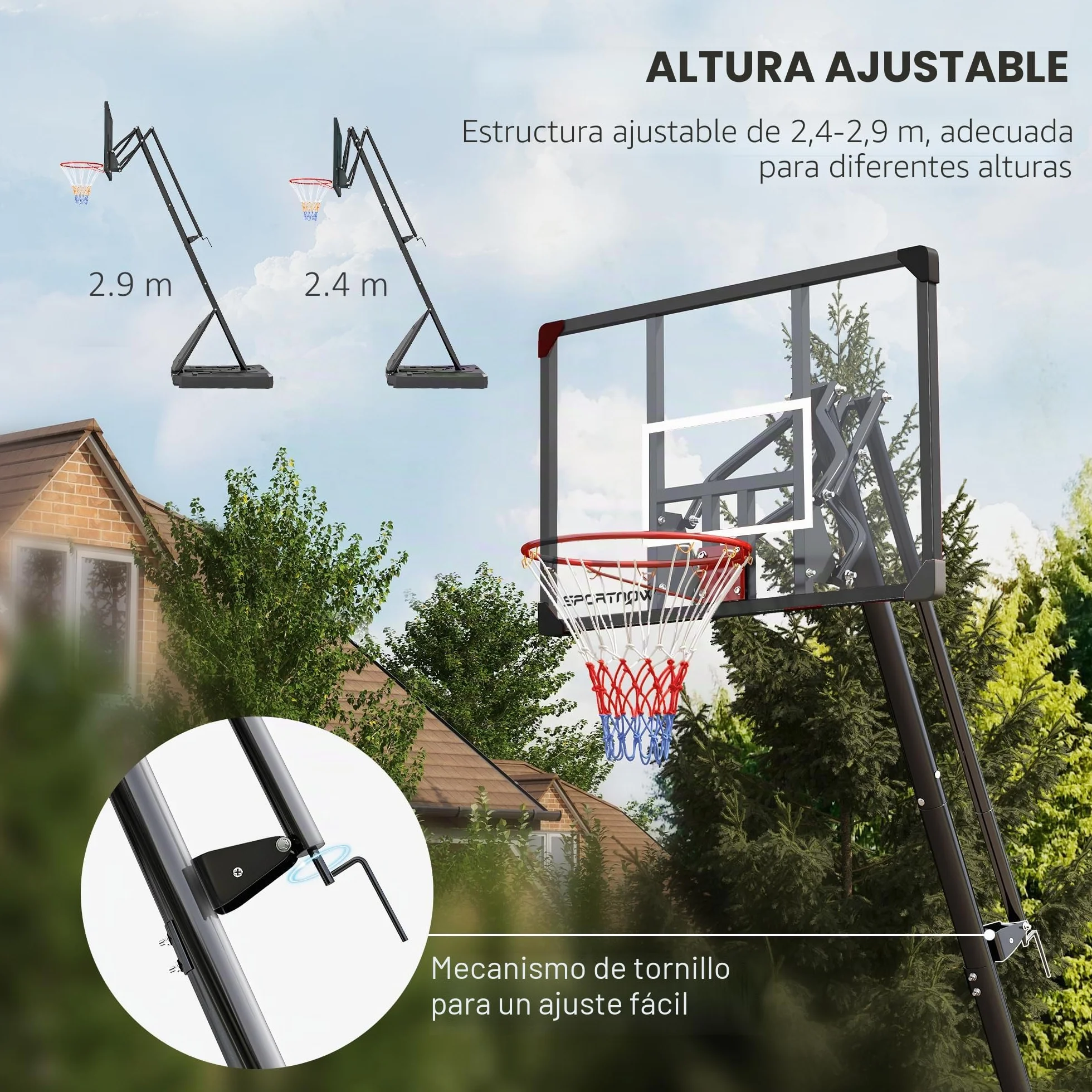 SPORTNOW Canasta de Baloncesto Exterior Altura Ajustable 236-293 cm Tablero PC Aro Ruedas Base Rellenable Negro