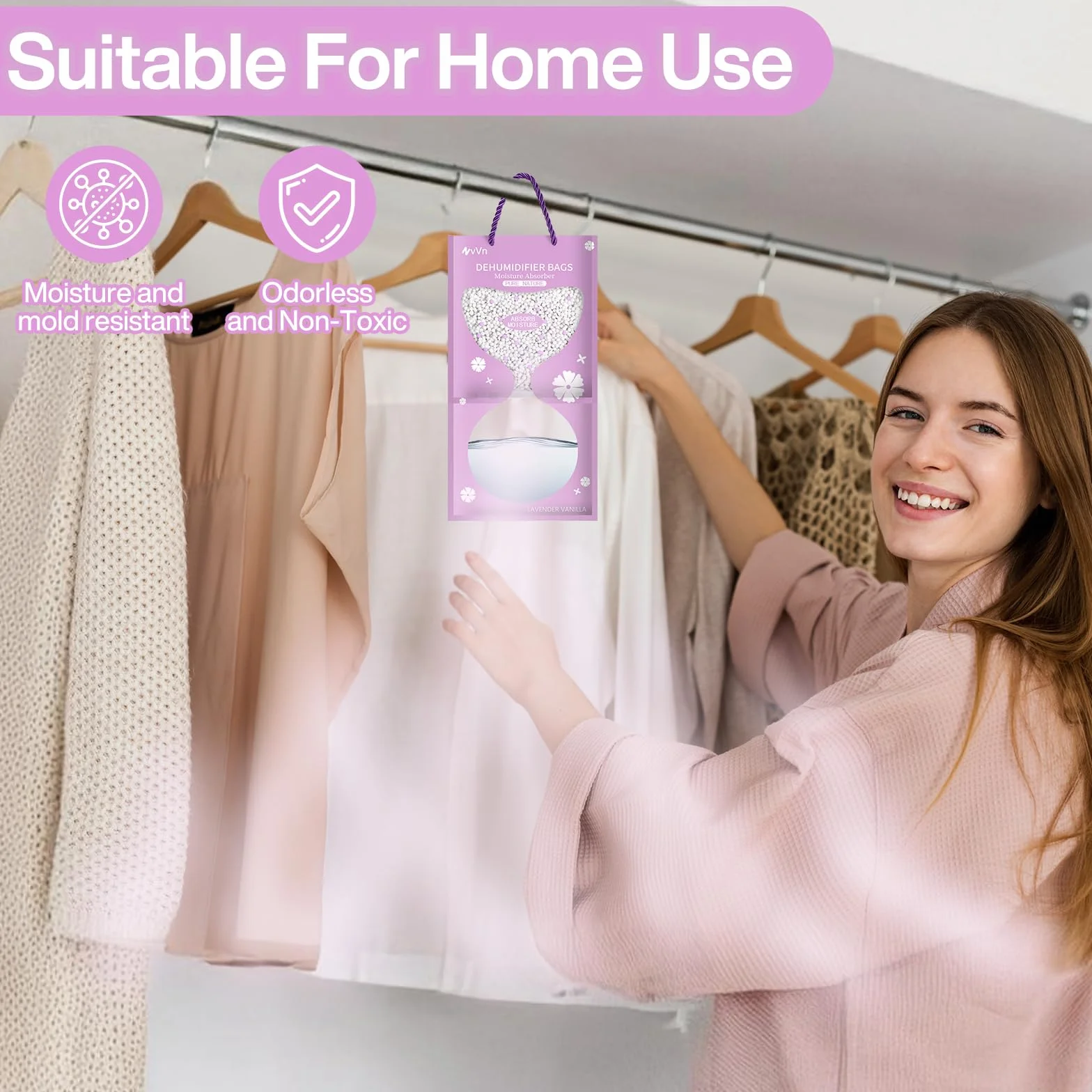 Bolsas Antihumedad Colgantes 8 Piezas 100g con Olor a Lavanda, Deshumidificador para Armario, Coches, Baños