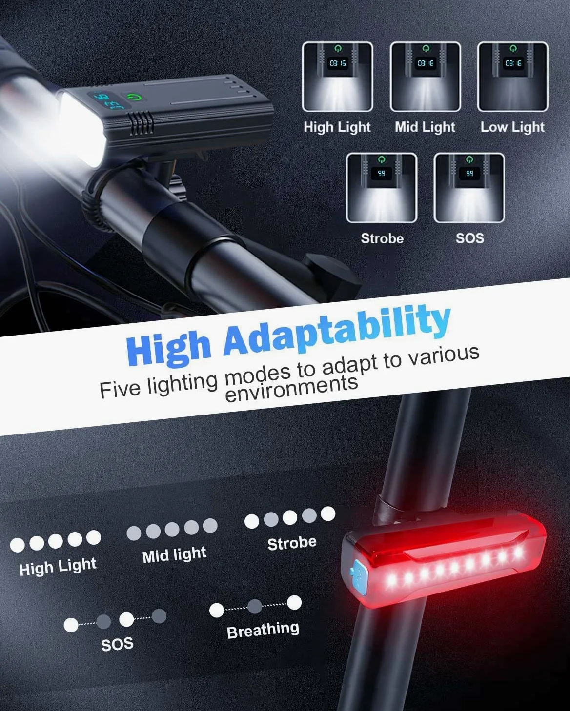 Luces de bicicleta, 8 LED de 8000 lúmenes, luz de bicicleta súper brillante, 5+5 modos de luz de bicicleta recargable por USB delantera y trasera, juego de faros delanteros y luces traseras para montar nocturno, carretera, montaña
