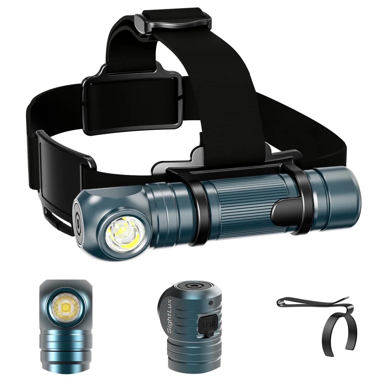 Linterna frontal LED recargable – 1500 lúmenes diadema luz frontal para camping, correr, senderismo, IP67 impermeable brillante ángulo recto lámpara de cabeza con estroboscópico/SOS, clip,