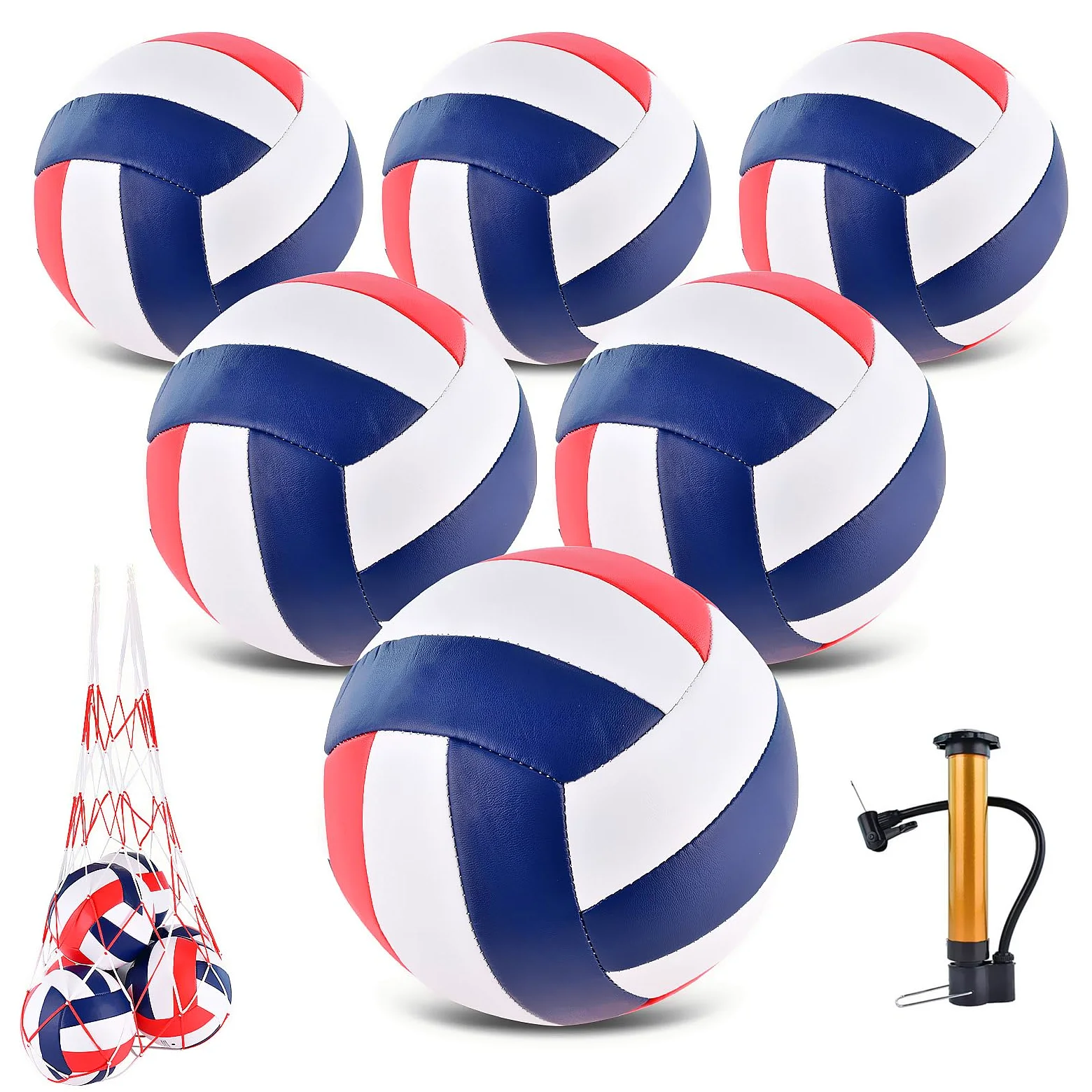 Paquete de 6 pelotas de voleibol, tamaño oficial 5, impermeables, suaves, a granel, con bomba y bolsa de red para interiores y exteriores, playa, piscina, juego de arena, juego de entrenamiento