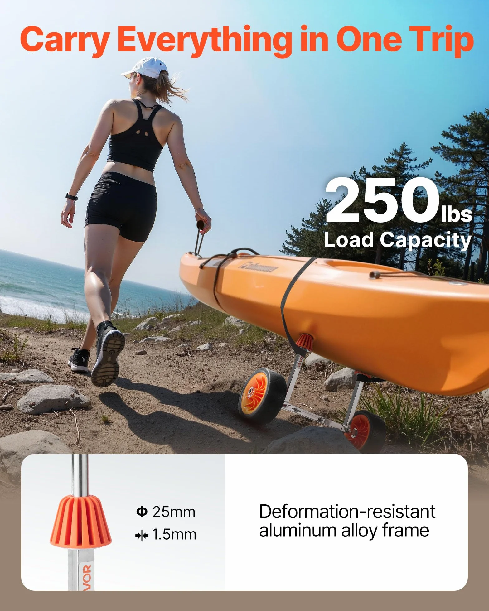 VEVOR Remolque Vertical para Kayak, Remolque de Kayak 560 x 190 x 485 mm con Neumáticos de Goma Maciza de 19,1 cm y Correa de Amarre, Carga de 113,4 kg, Carrito para Tabla de Surf de Remo, Canoas