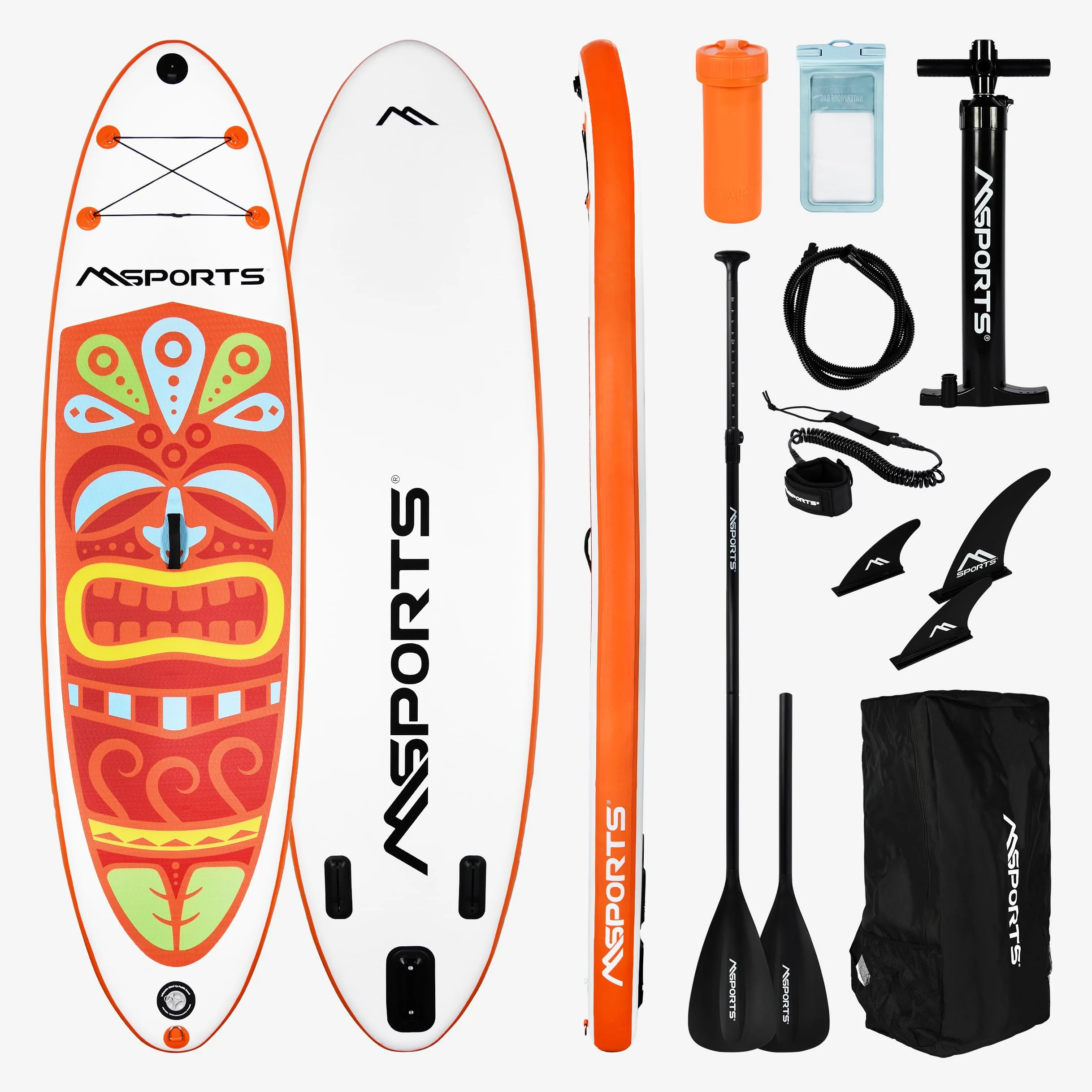 MSPORTS SUP - Tabla de surf de remo hinchable, accesorios completos, remo ajustable, bomba de alta calidad + 2 bastones de remo + bolsa impermeable para smartphone + bolsa multifunción