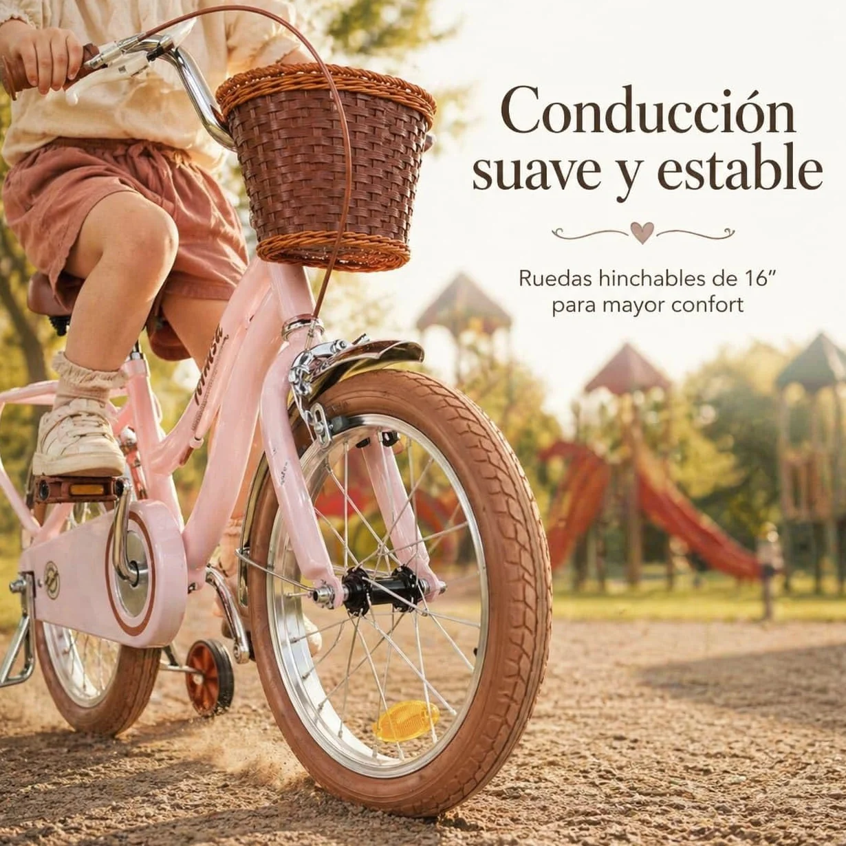 Toimsa - Bicicleta para Niños con Ruedines - Ruedas Hinchables 16 Pulgadas - Diseño Vintage Rosa - Sillin Regulable, Limitador Giro Manillar, Cesta Delantera y Portaequipajes - Bici Infantil +5 años