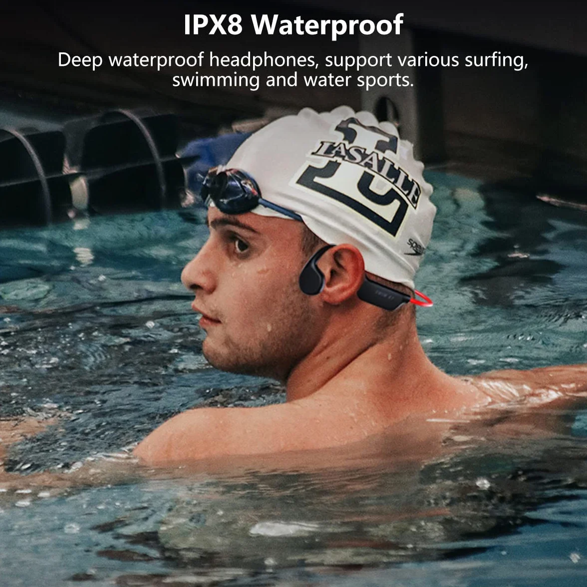 Auriculares de Conducción ósea Impermeable IPX8 para Natación, Cascos Inalambricos Bluetooth 5.3 de Oreja Abierta, 32GB Reproductor de MP3 Auricular, Auriculares Deportivos para Nadar Correr Black