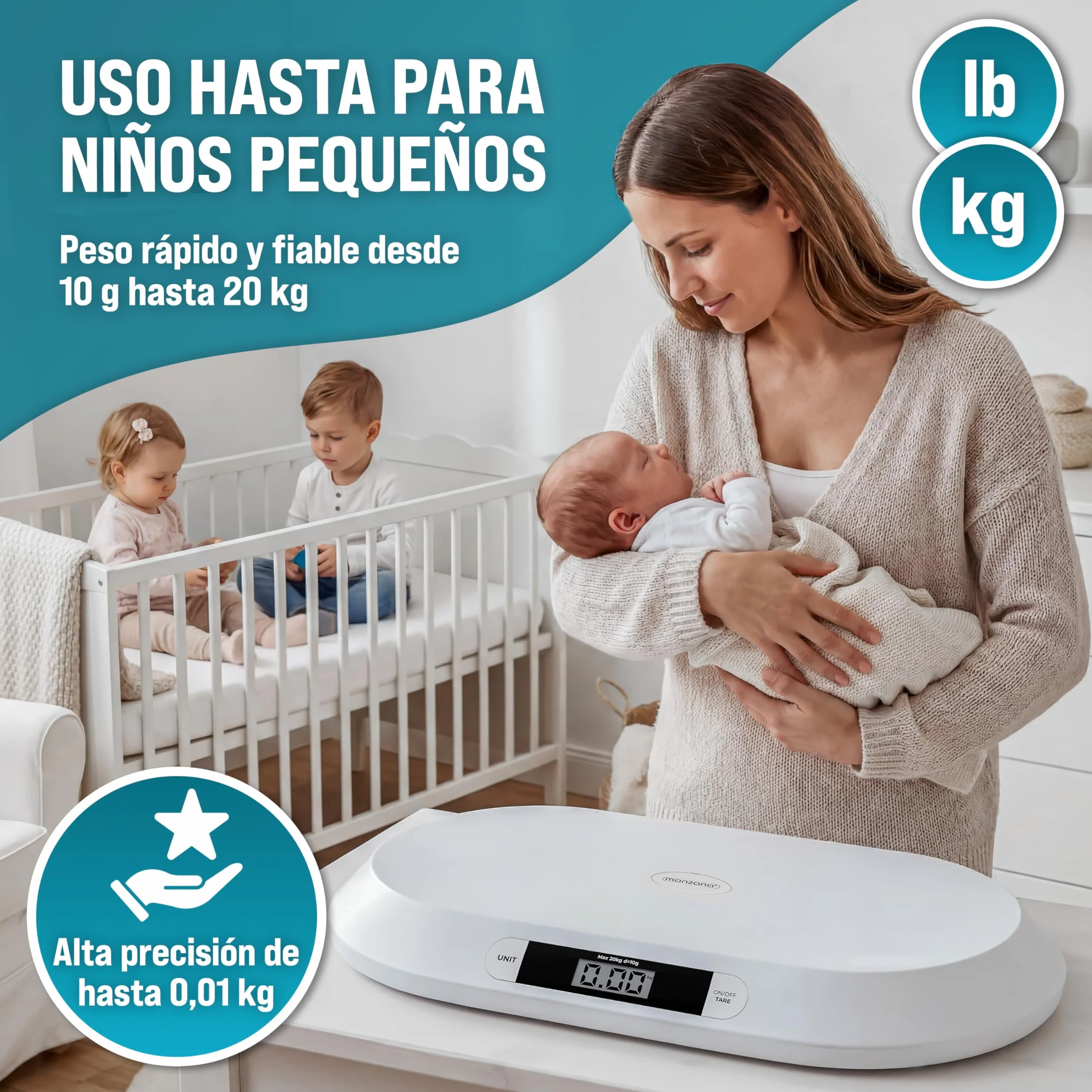 MONZANA Báscula Bebé Digital 20Kg Pantalla LED Apagado Automático Tara Retención Recién Nacidos Mascotas