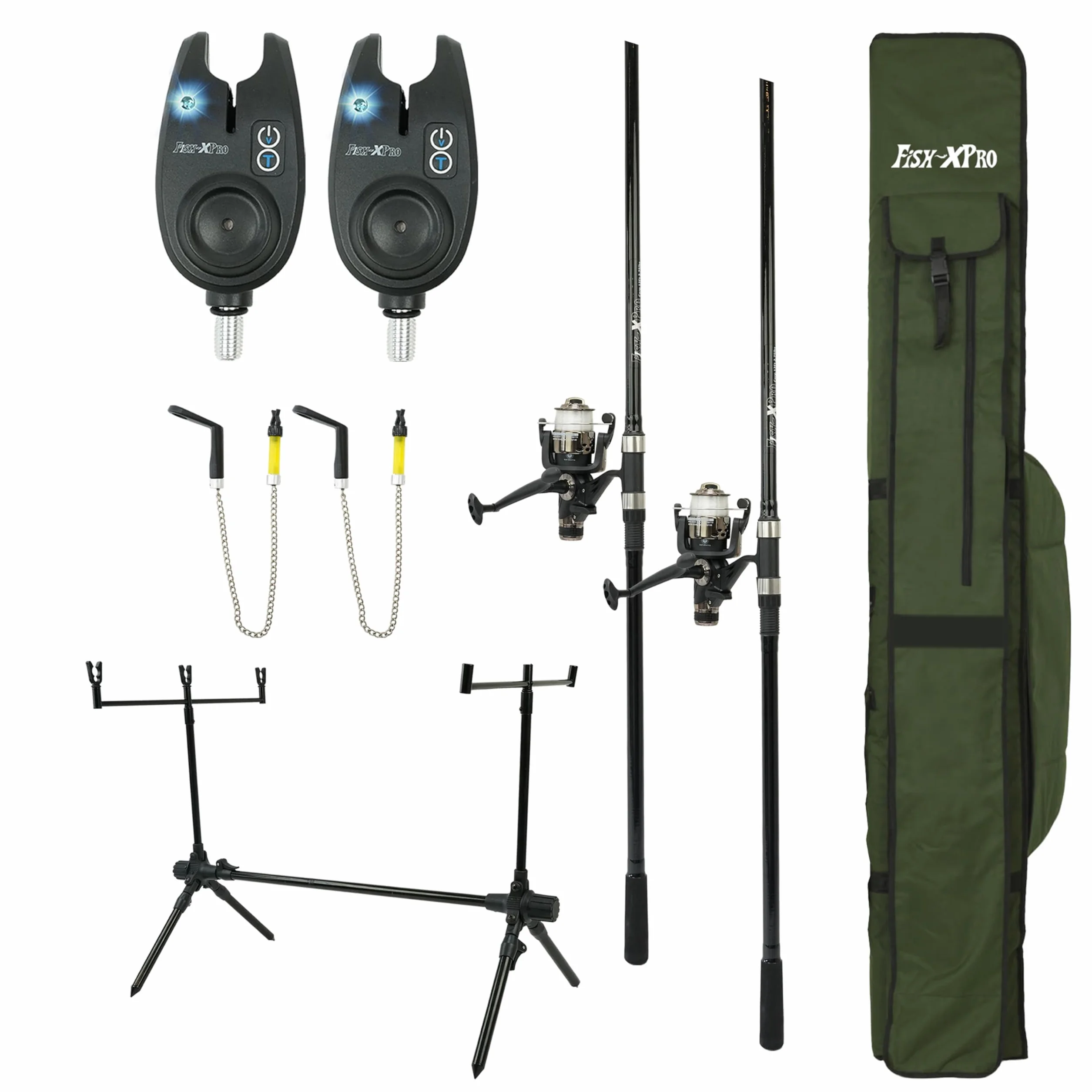 Carp Set - Improve Set - Juego de Cañas de Carpa Negro - Paquete Completo para la Pesca de la Carpa Incluye Detectores de Mordedura, Swingers, Rodpod