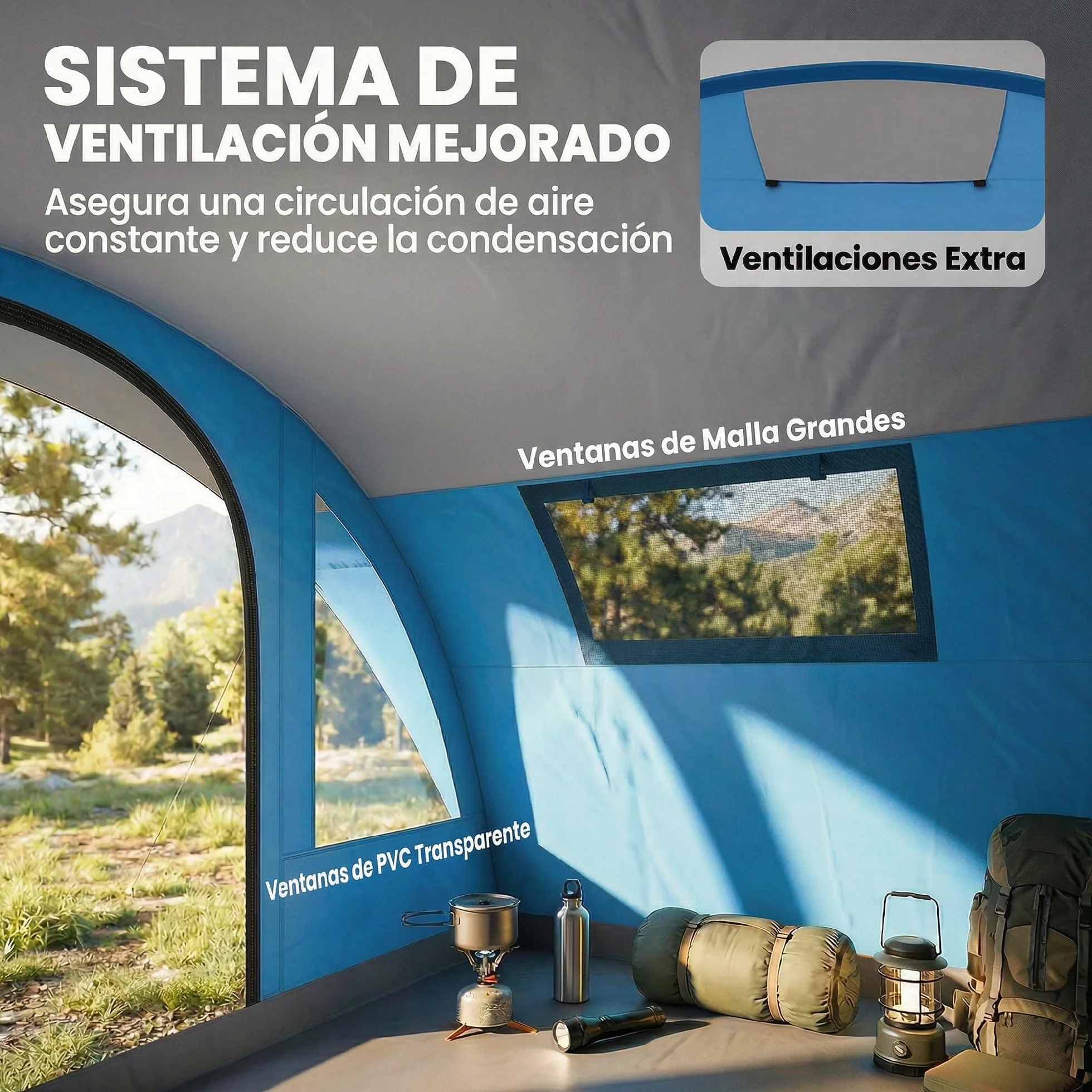 Outsunny Tienda de Campaña Familiar 5 Personas Tipo Túnel 3 Habitaciones Impermeable 3000 mm Azul