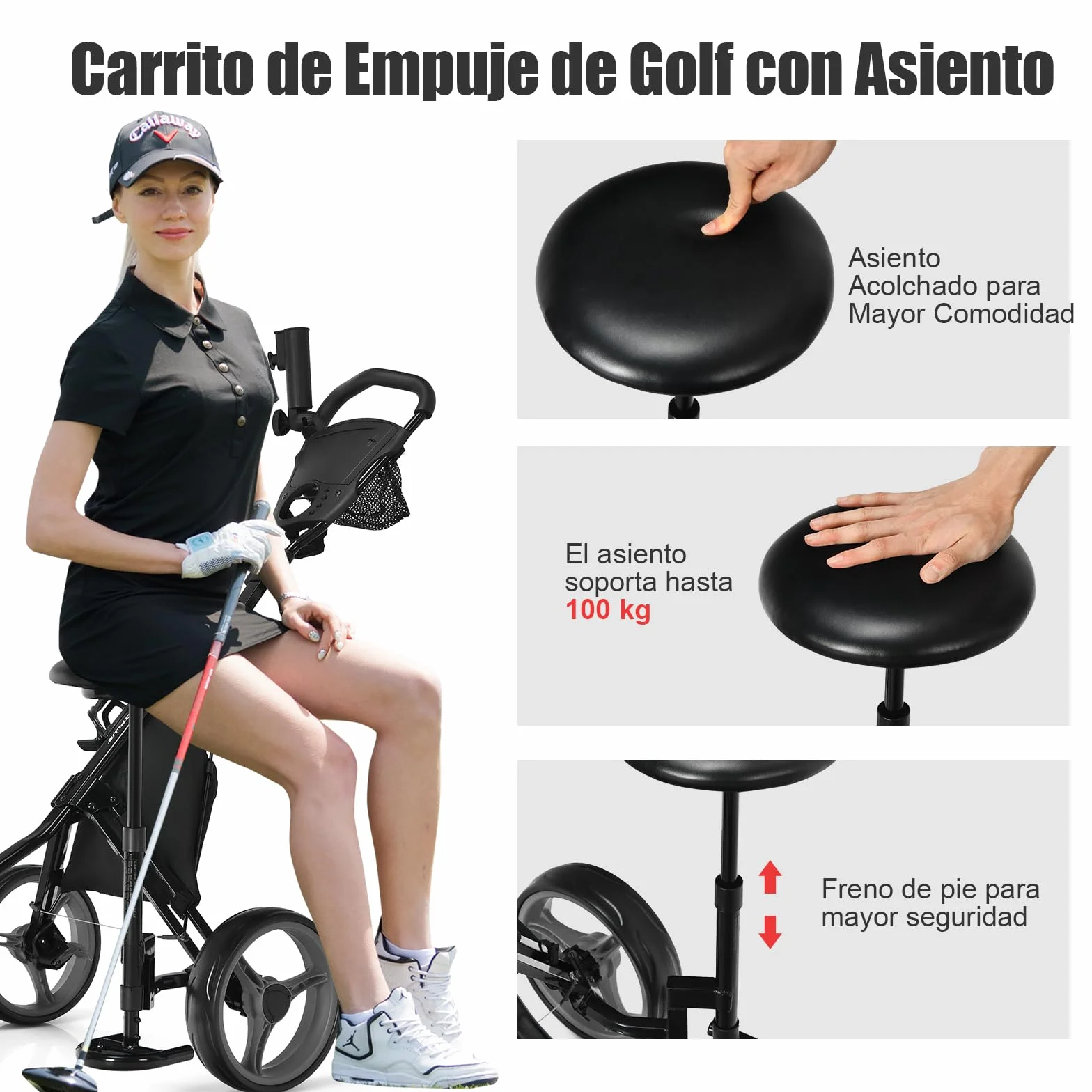GYMAX Carro de Golf Plegable 3 Ruedas con Altura Ajustable y Portabebidas