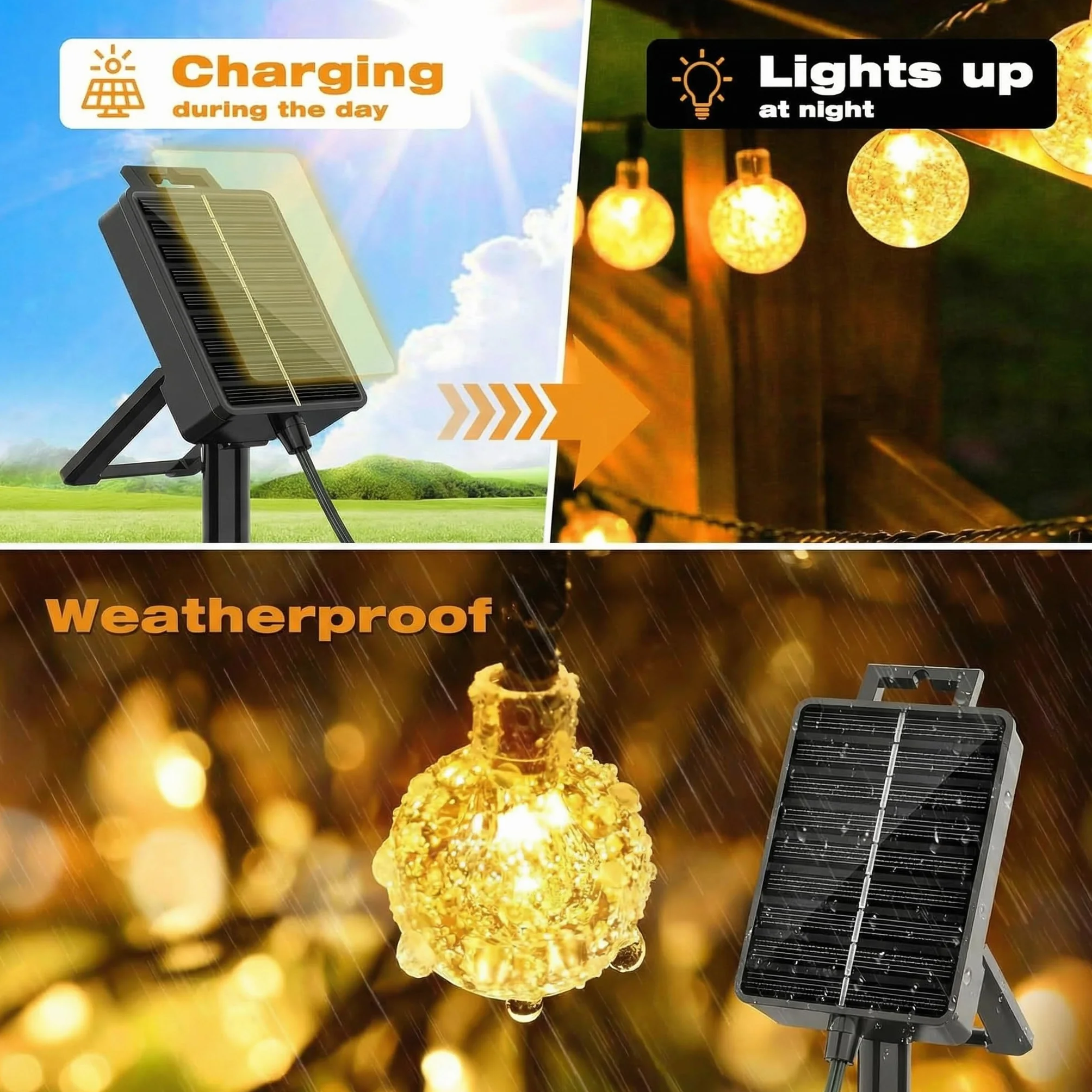 Guirnalda solar exterior 8m 40 LED bolas de cristal IP65 blanco cálido