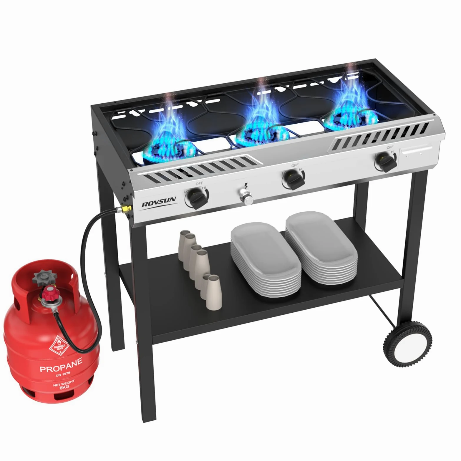 ROVSUN Quemador de propano de 3 quemadores para exteriores con encendido y regulador, 225,000 BTU, potente y portátil, estufa de gas para exteriores, para patio, cocina, hogar, camping, elaboración de