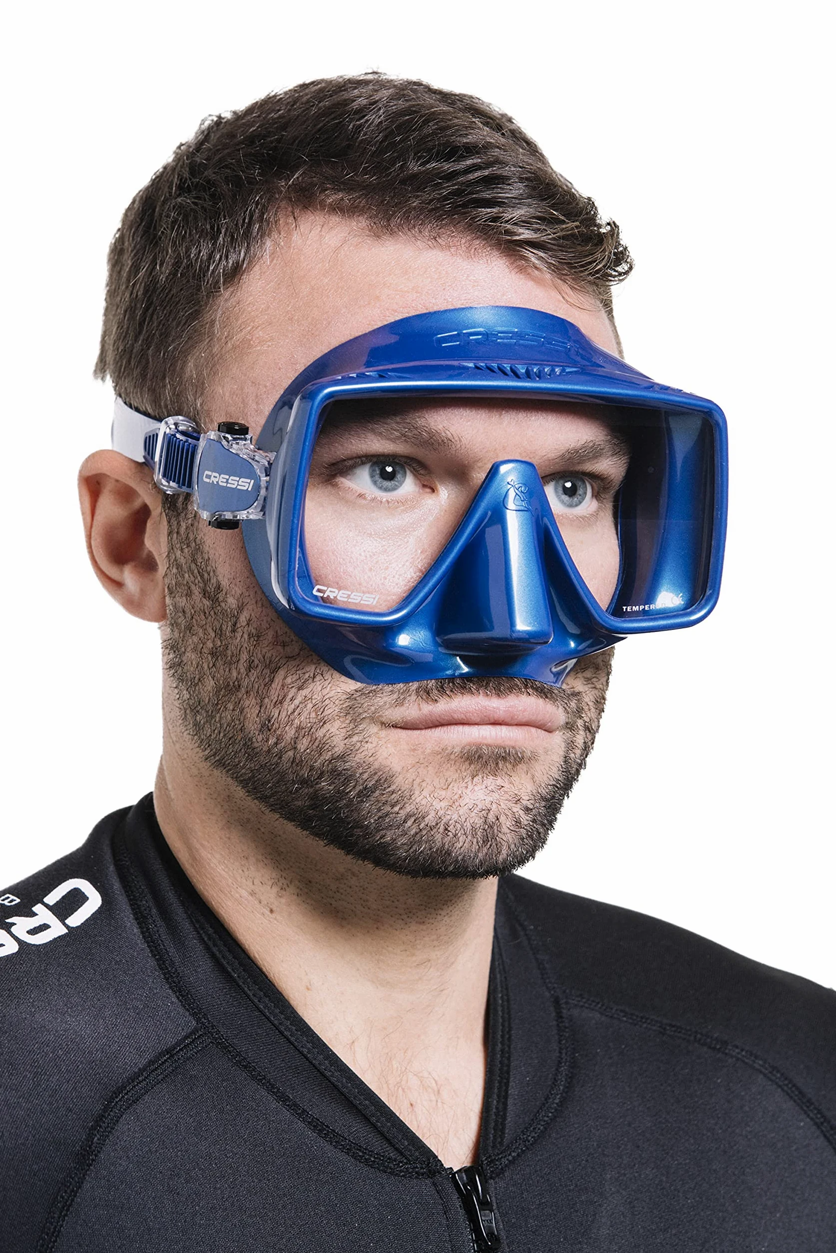 CRESSI Desde 1946 - SF1 Mask - Máscara Cuadrada sin Marco con Lente Templada Ideal para Buceo Apnea y Snorkeling, Azul Metalizado/Azul Metalizado, Talla Única Unisex
