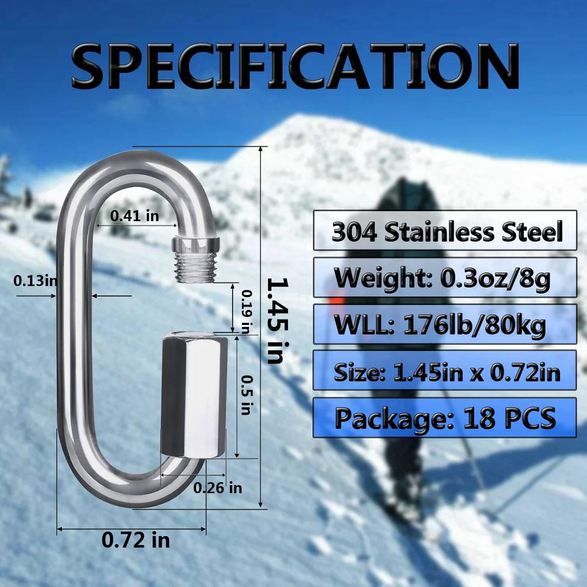 Quick Link - Mosquetón de Acero Inoxidable 304 de Seguridad en Forma de D para Senderismo (M3.5, 18)