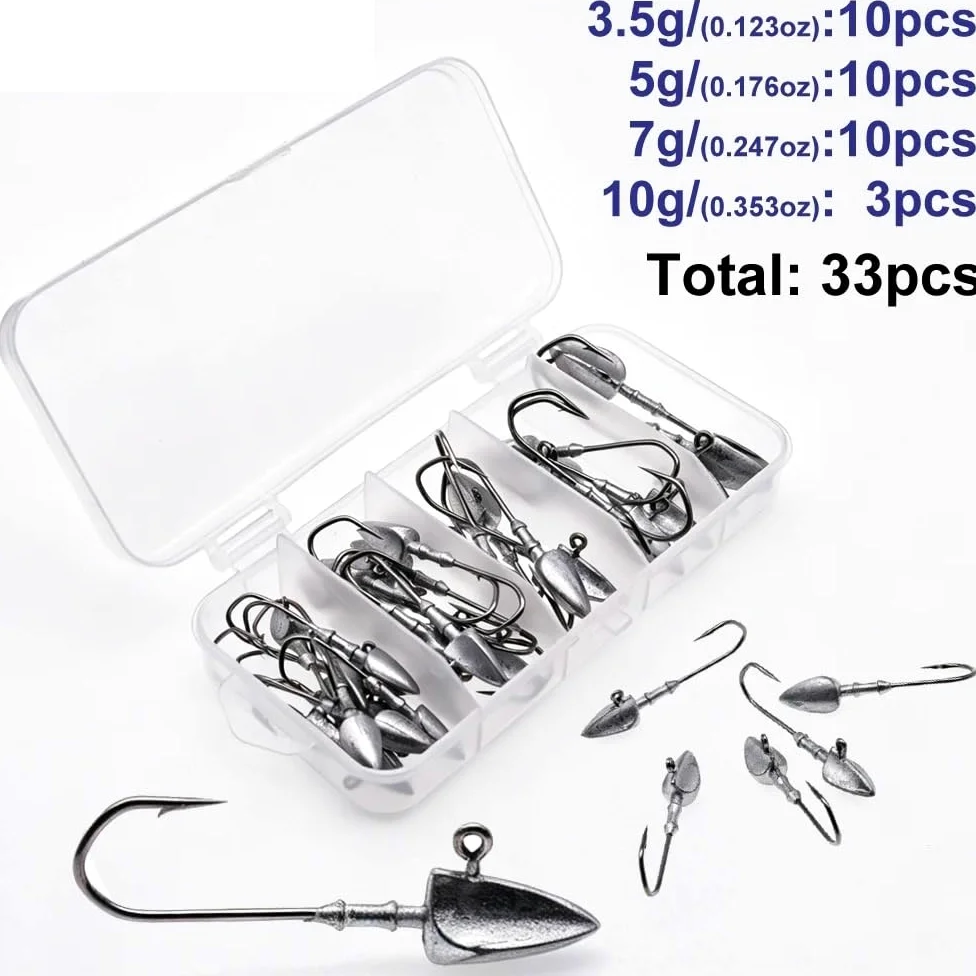 Anzuelos de Pesca 33 unids/Caja 3,5g/5g/7g/10g anzuelos de Cabeza Triangular for Aparejos Pesca Gusanos Blandos Anzuelo mar Cebo Combinado