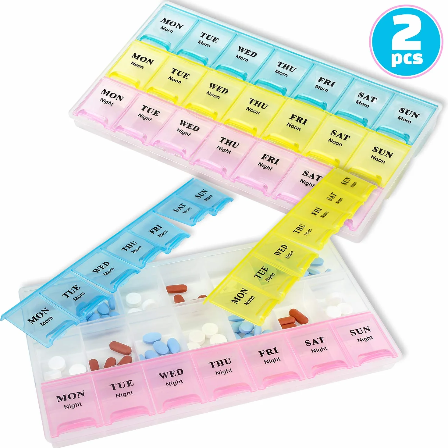 Pastillero semanal para vitaminas y medicamentos, organizador 21 tomas, 3 tomas diarias, 2 unidades