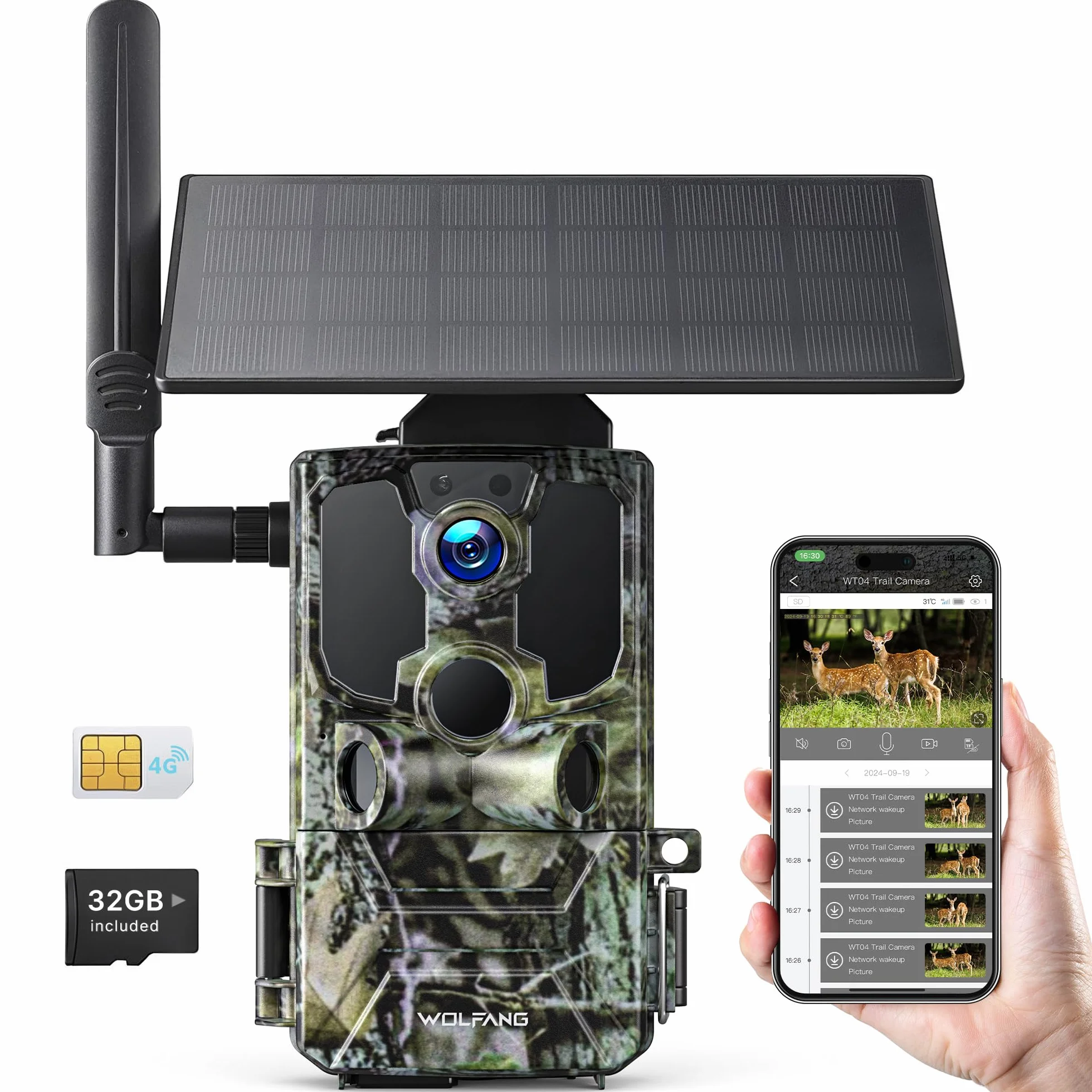 WOLFANG Cámara de Caza Solar, 4G LTE Camara Fototrampeo 2.5K con Detección PIR Nocturna por Infrarrojos Invisible, Alerta, Audio Bidireccional, IP66 para Vida Silvestre y Monitoreo de Seguridad