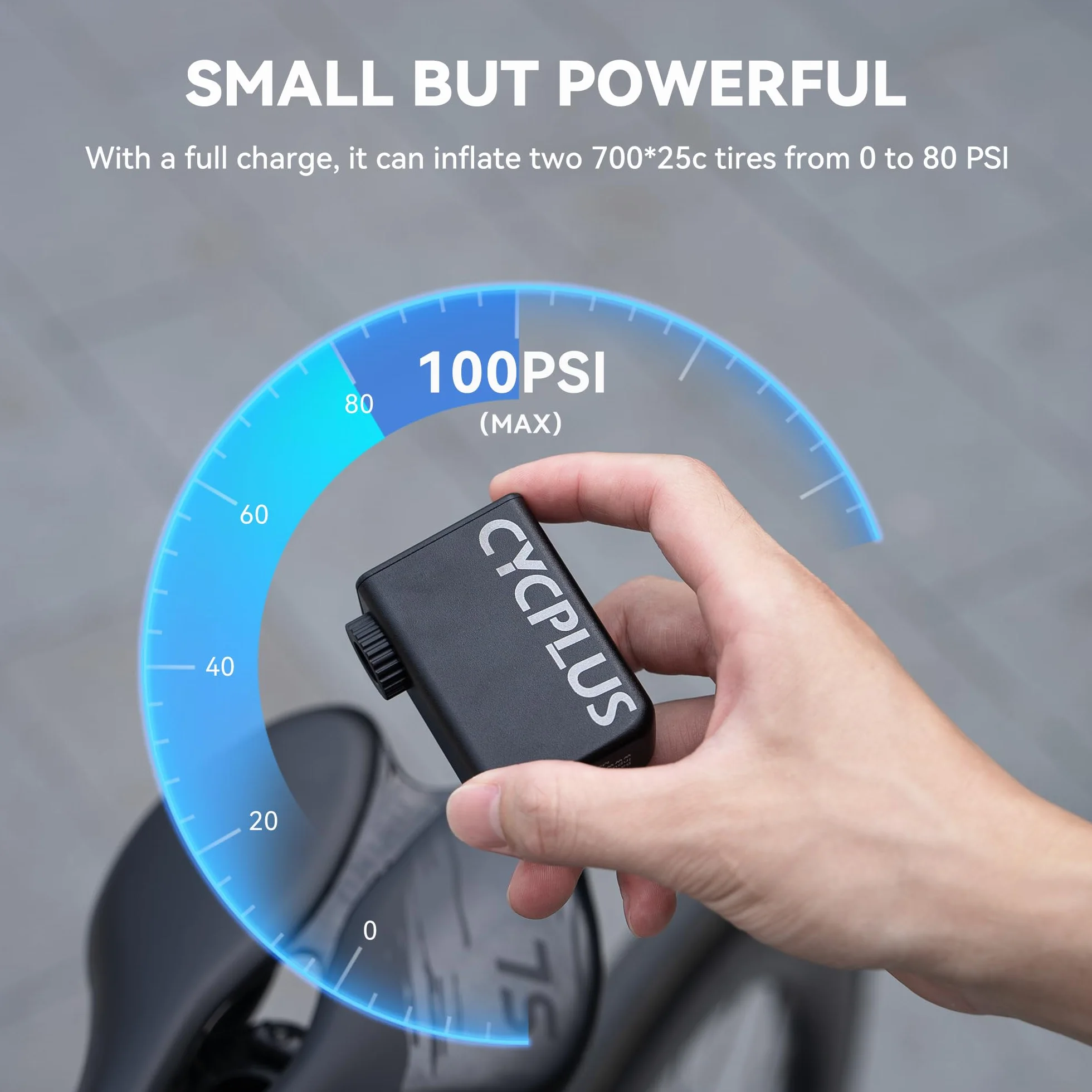 CYCPLUS Tiny E-Pump Bike Pump es una Ultra Mini Bomba de Bicicleta portátil. Tiene una Capacidad de 100 PSI y una batería (Ganador del Premio EUROBIKE 2023).