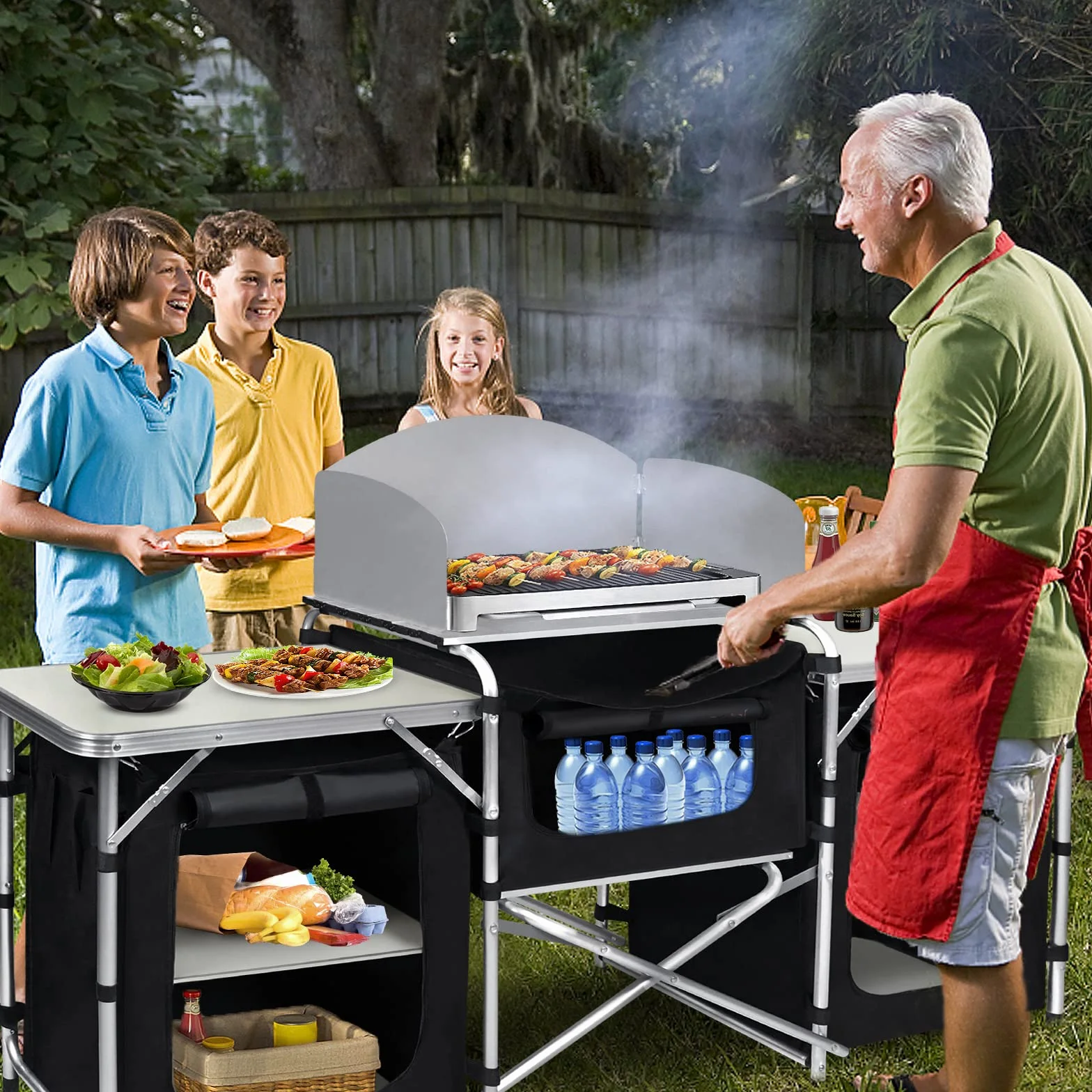 Mesa de camping plegable con estructura de aluminio, armario de camping para exteriores, incluye bolsa de transporte para senderismo, picnic, 174 x 52 x 110 cm