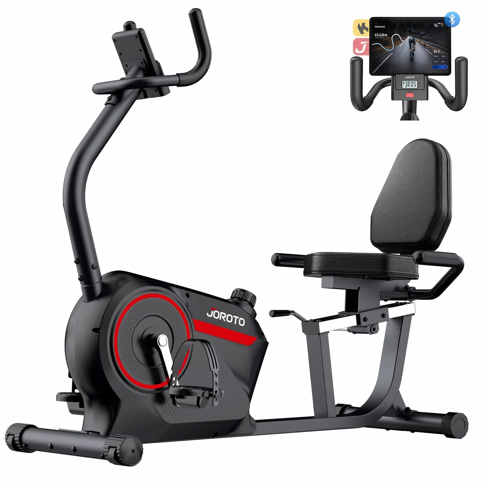 JOROTO JH30/JH30PRO Bicicleta Estatica para Casa, Bicicleta Reclinada Magnética Bluetooth, Bici Estática Respaldo con Capacidad de Peso 136KG, Pantalla LCD, Asiento Ajustable para Entrenamiento Cardio