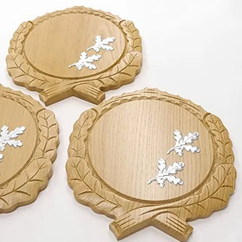 GTK 3 placas de cuña talladas de roble claro AF 19 cm con 6 hojas de roble portada de aluminio para cuñas, tabla de especias, cartel para trofeos