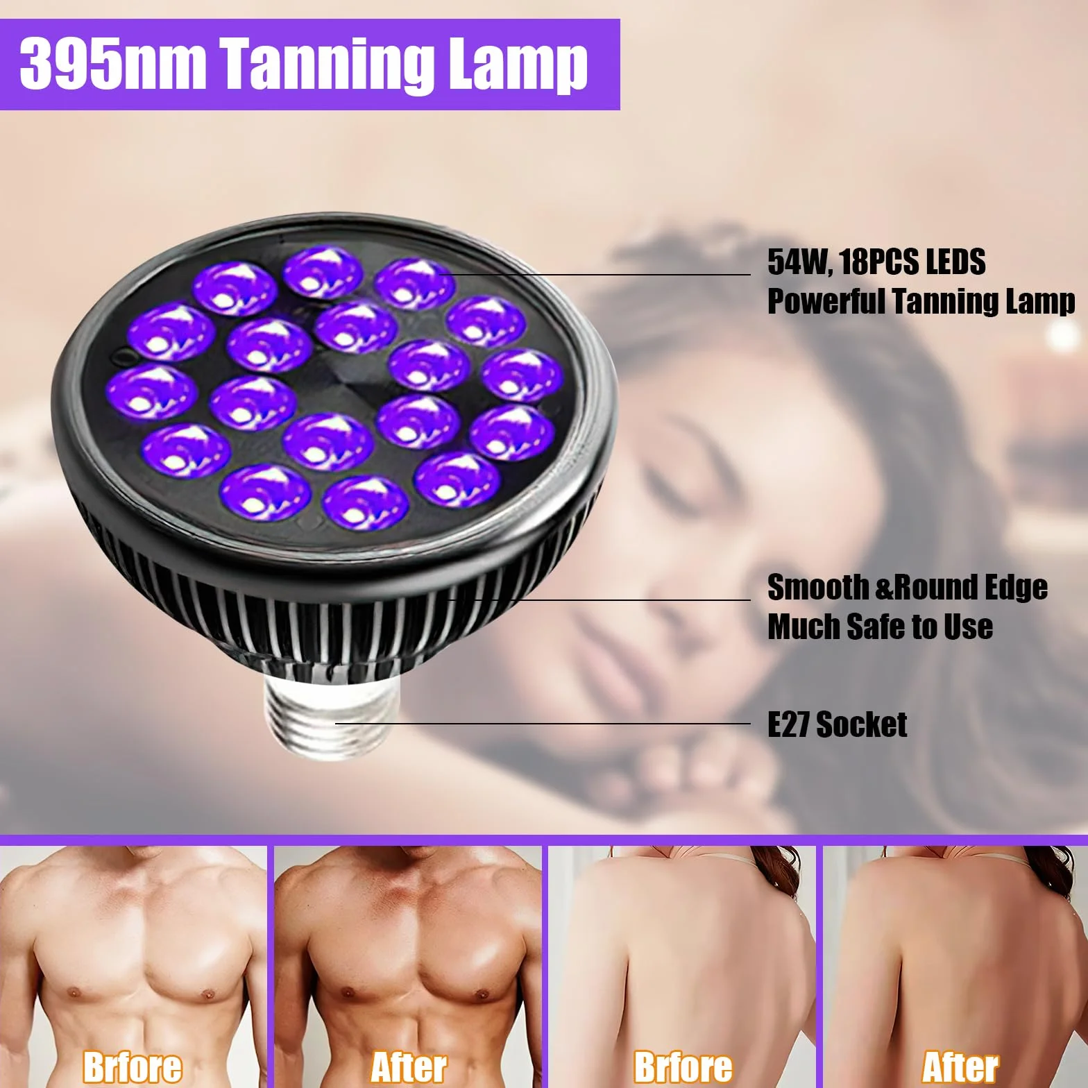 Lámpara De Bronceado Giratoria 54W E27 180° 18 Leds UV 9.8-16.5 Pulgadas Con Máscara De Ojos