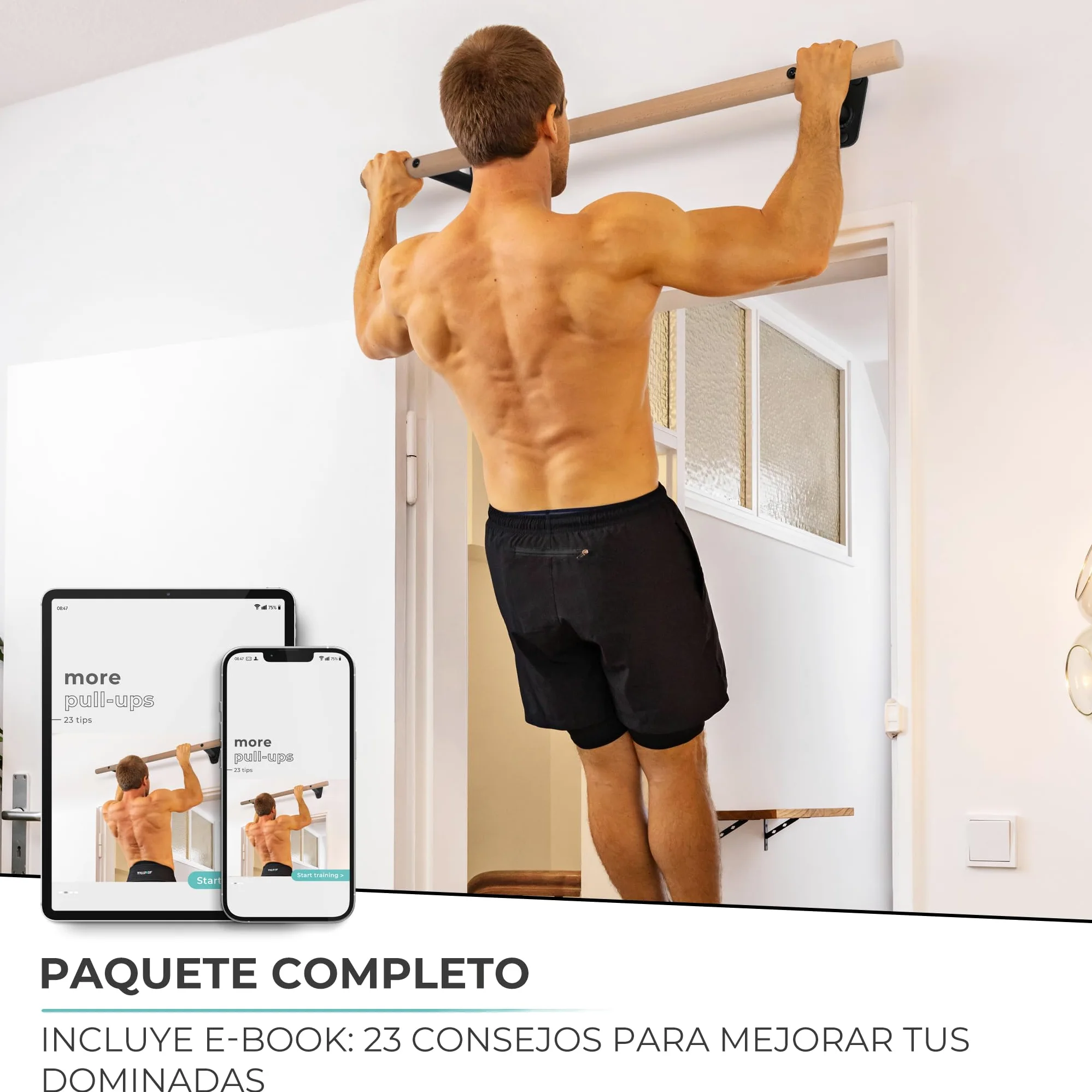 PULLUP & DIP barra de dominadas de madera de haya – para montar en pared sobre el marco de la puerta – barra de 40 mm para dominadas y fuerza de agarre – barra de pared para gimnasio en casa