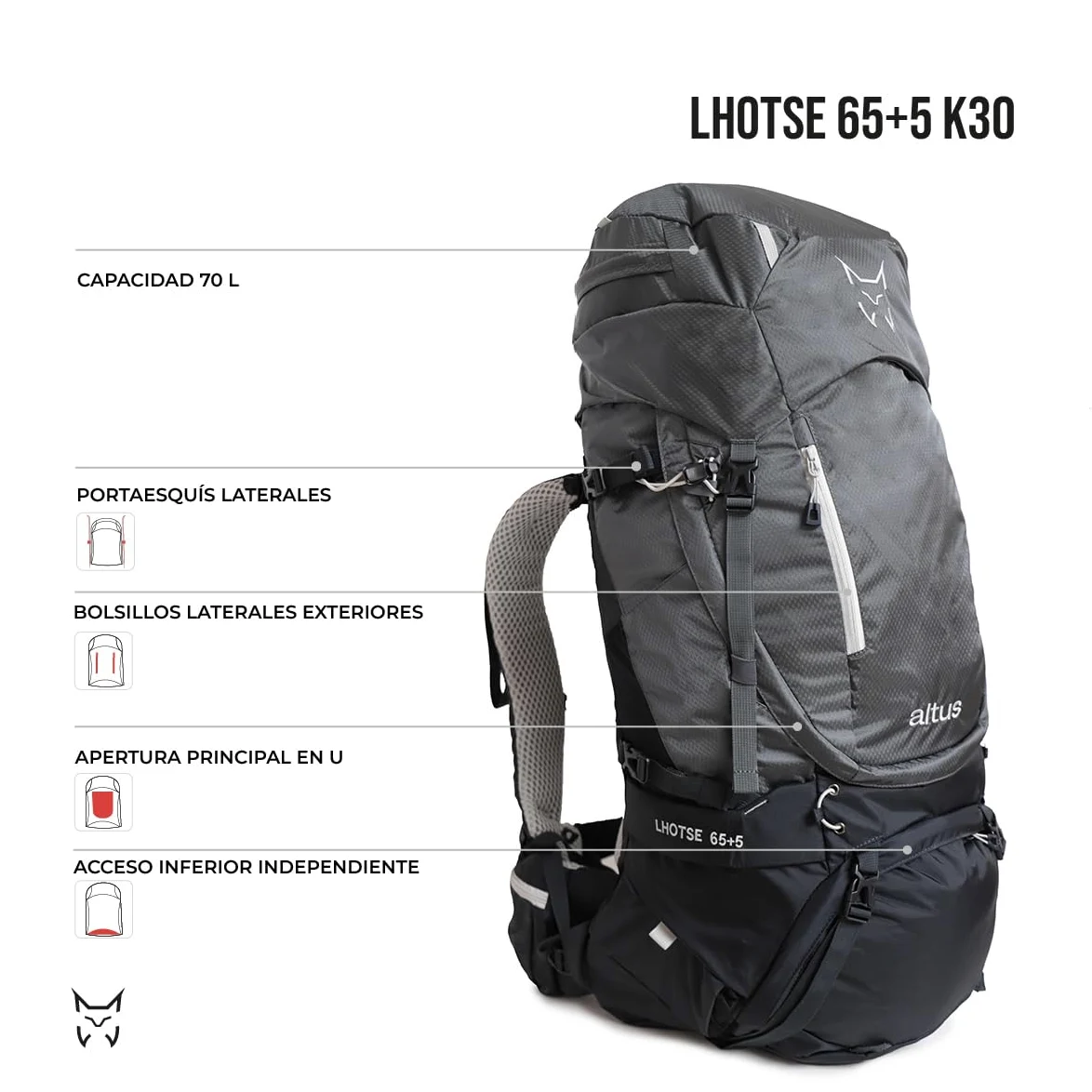 ALTUS Lhotse 65+5 K30 Mochila de Montaña y Trekking 70 Litros Unisex | Espalda Regulable, Apertura en U, Acceso Inferior, Portaesquís