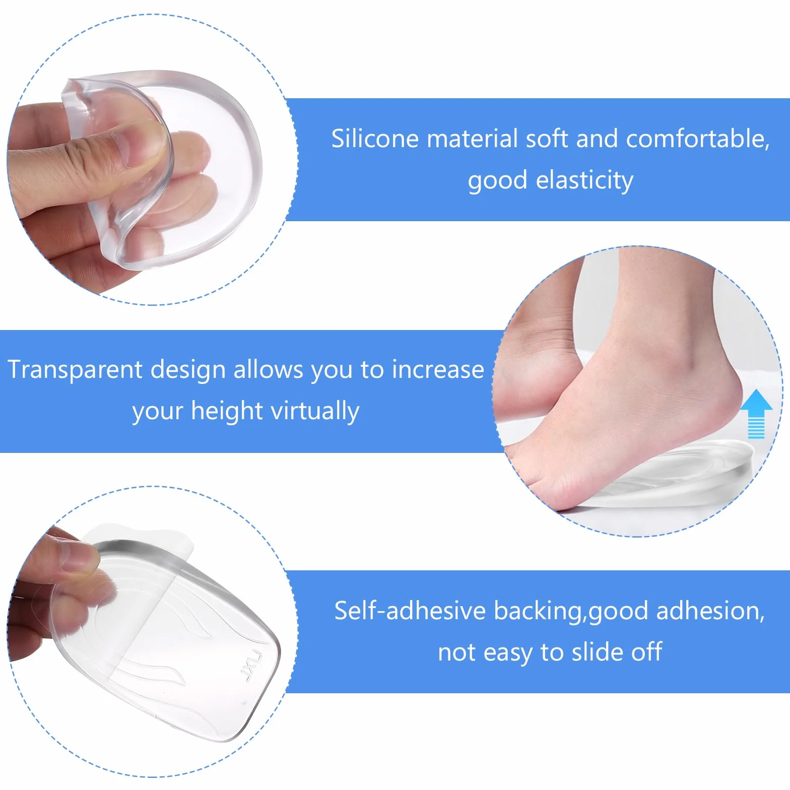 Plantillas de Gel de Silicona para Talón 2 cm, Aumentar Altura Hombre Mujer, Soporte Amortiguación Impactos